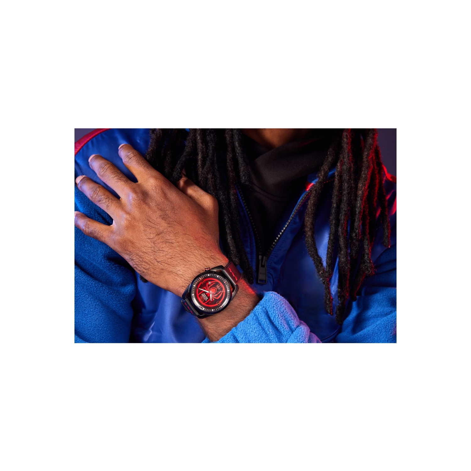 Marvel Mens Miles Morales Japanese Eco-Drive Watch 42mm Black Stainless Steel Case Leather Strap with Black Dial