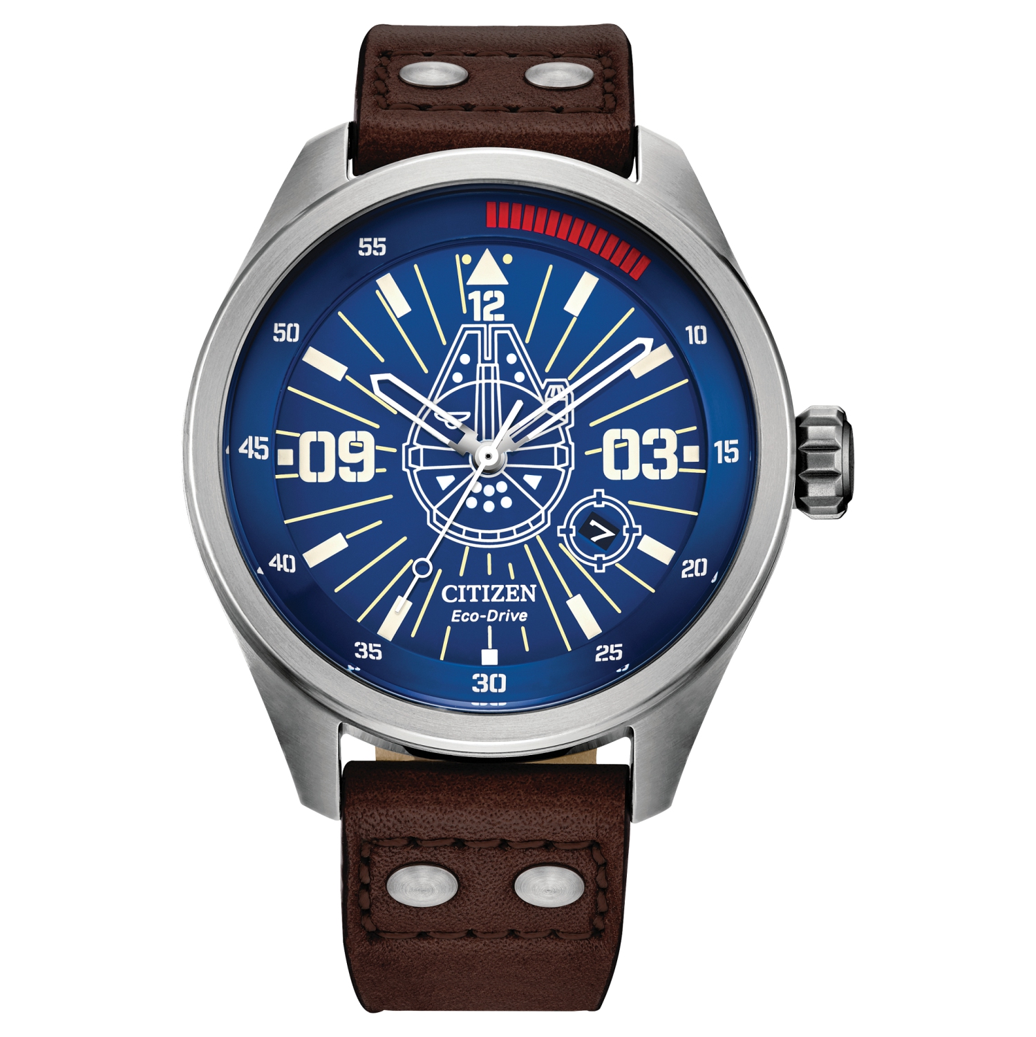 Star Wars Mens Han Solo Japanese Eco-Drive Watch 43mm Silver-Tone Stainless Steel Case Brown Leather Strap with Blue Dial
