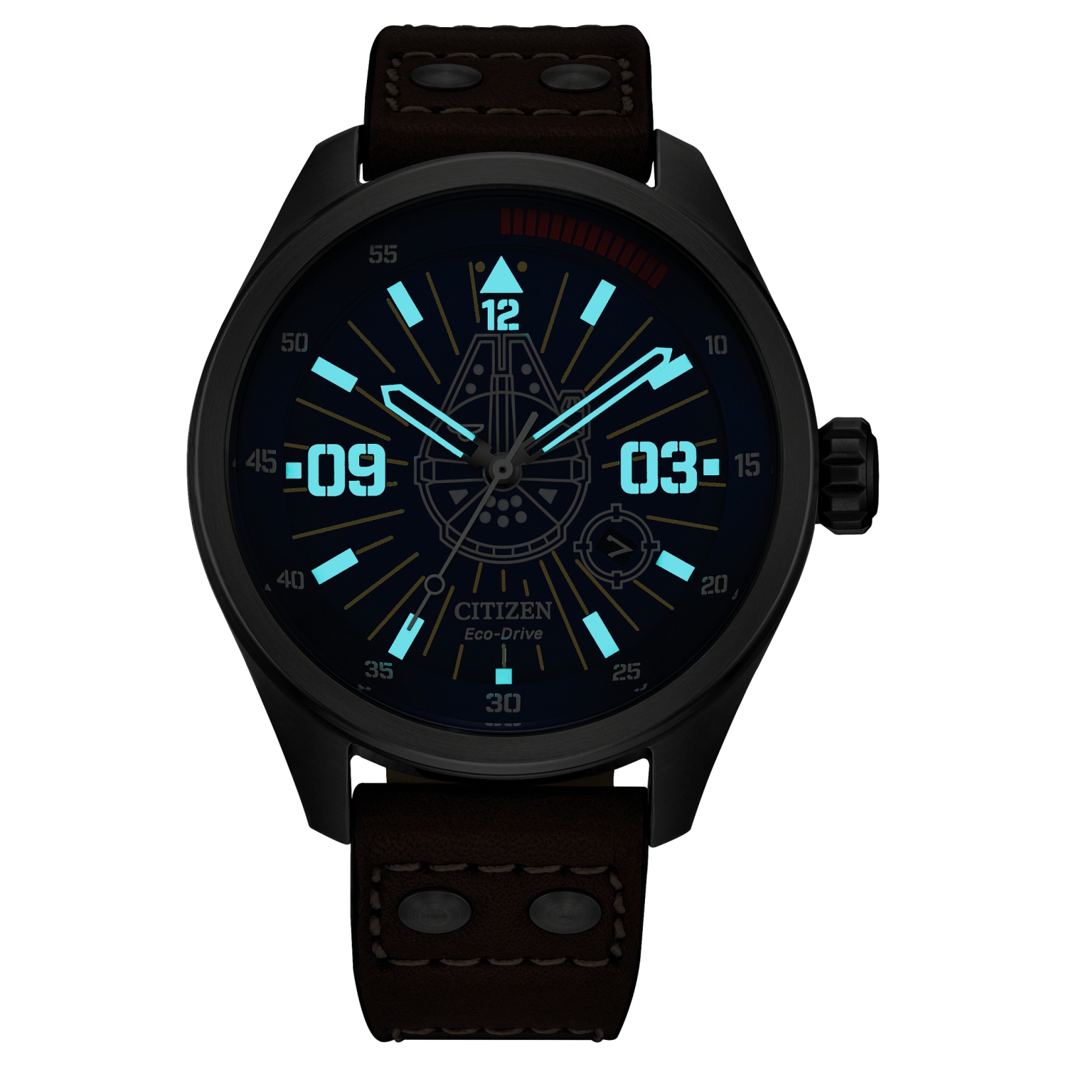 Star Wars Mens Han Solo Japanese Eco-Drive Watch 43mm Silver-Tone Stainless Steel Case Brown Leather Strap with Blue Dial