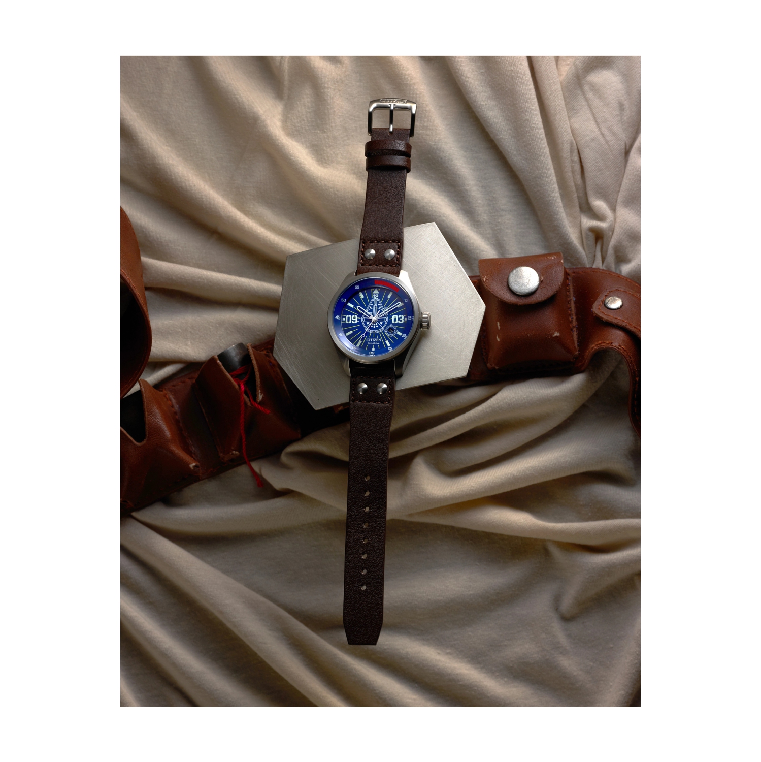 Star Wars Mens Han Solo Japanese Eco-Drive Watch 43mm Silver-Tone Stainless Steel Case Brown Leather Strap with Blue Dial