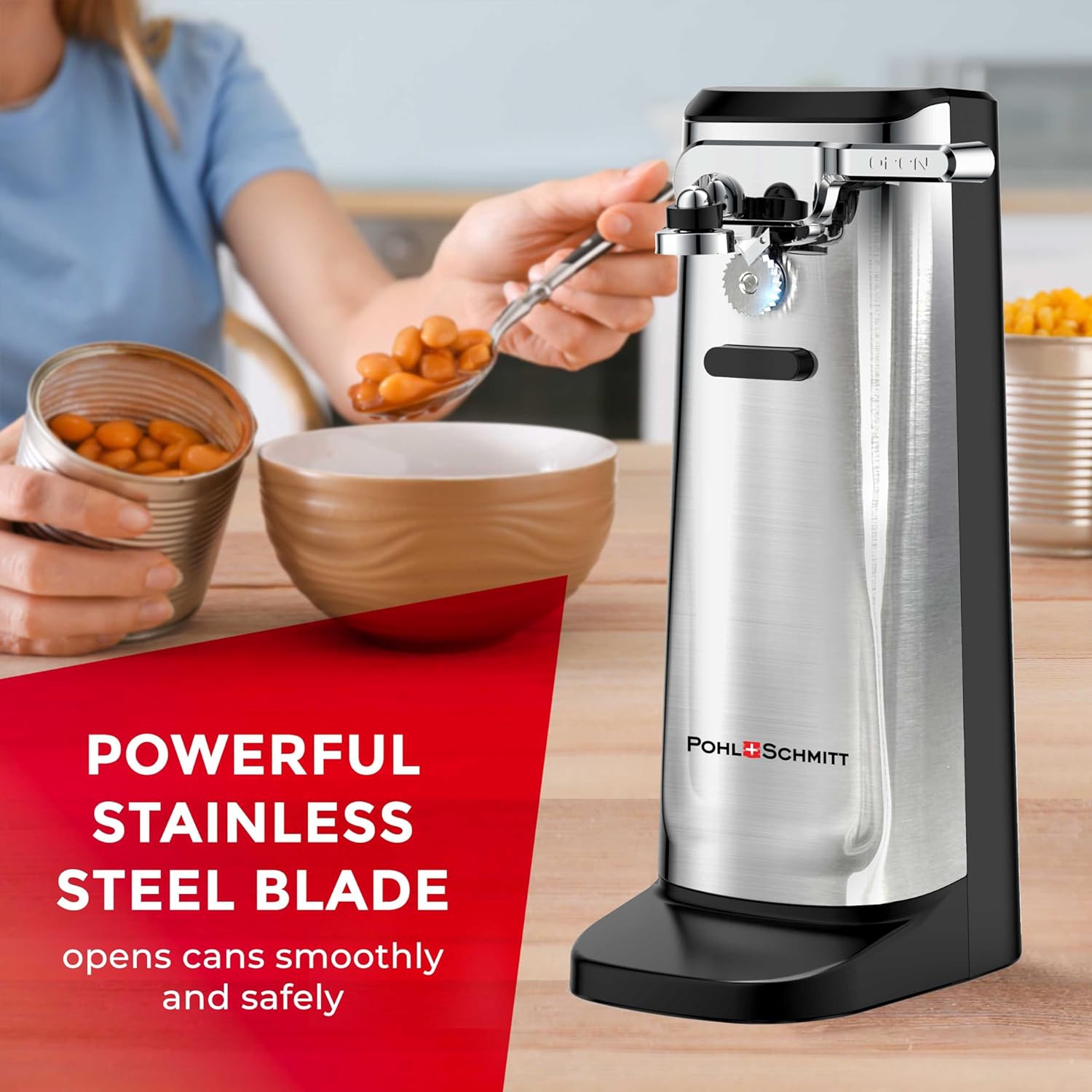 POHL SCHMITT Electric Can Opener with Knife Sharpener & Bottle Opener - Easy Push Down Lever - For All Standard-Size & Pop-Top Cans - Durable
