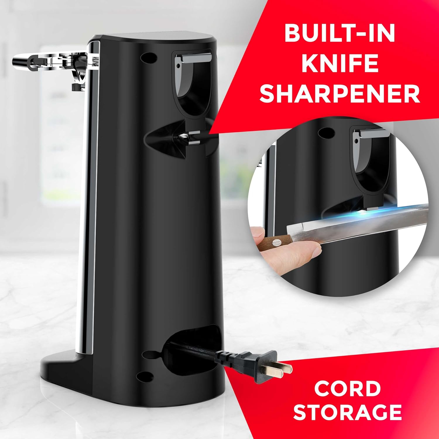 POHL SCHMITT Electric Can Opener with Knife Sharpener & Bottle Opener - Easy Push Down Lever - For All Standard-Size & Pop-Top Cans - Durable