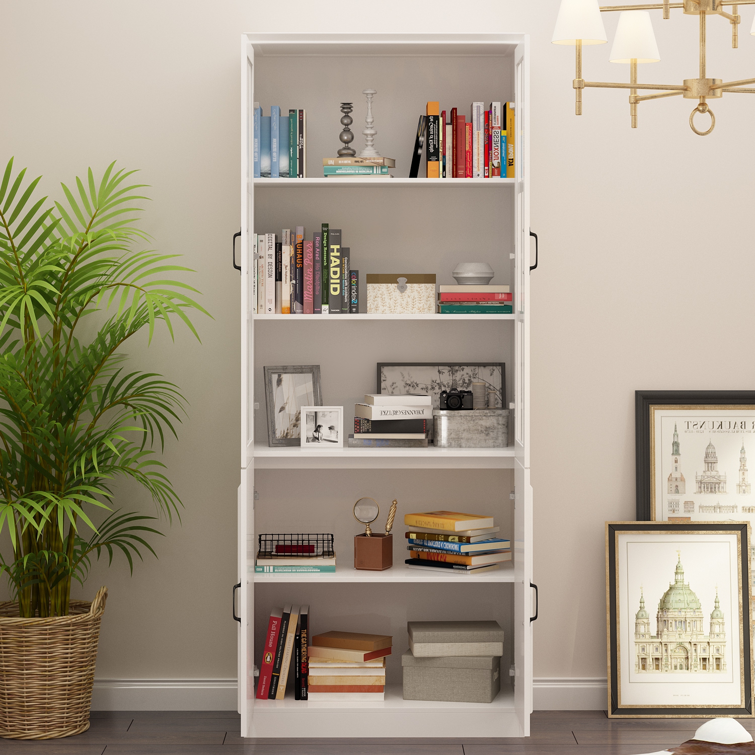 Famapy Tall Bookcase Bookshelf with 5 Storage Shelves & 2 Glass Doors, Wooden Display Storage Cabinet for Home Office, Living Room, White