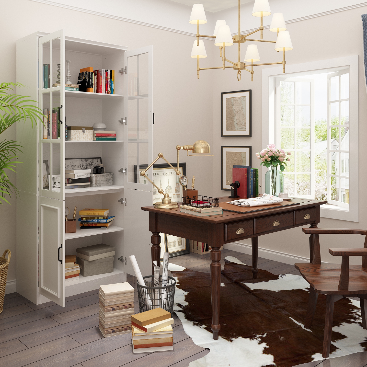 Famapy Tall Bookcase Bookshelf with 5 Storage Shelves & 2 Glass Doors, Wooden Display Storage Cabinet for Home Office, Living Room, White