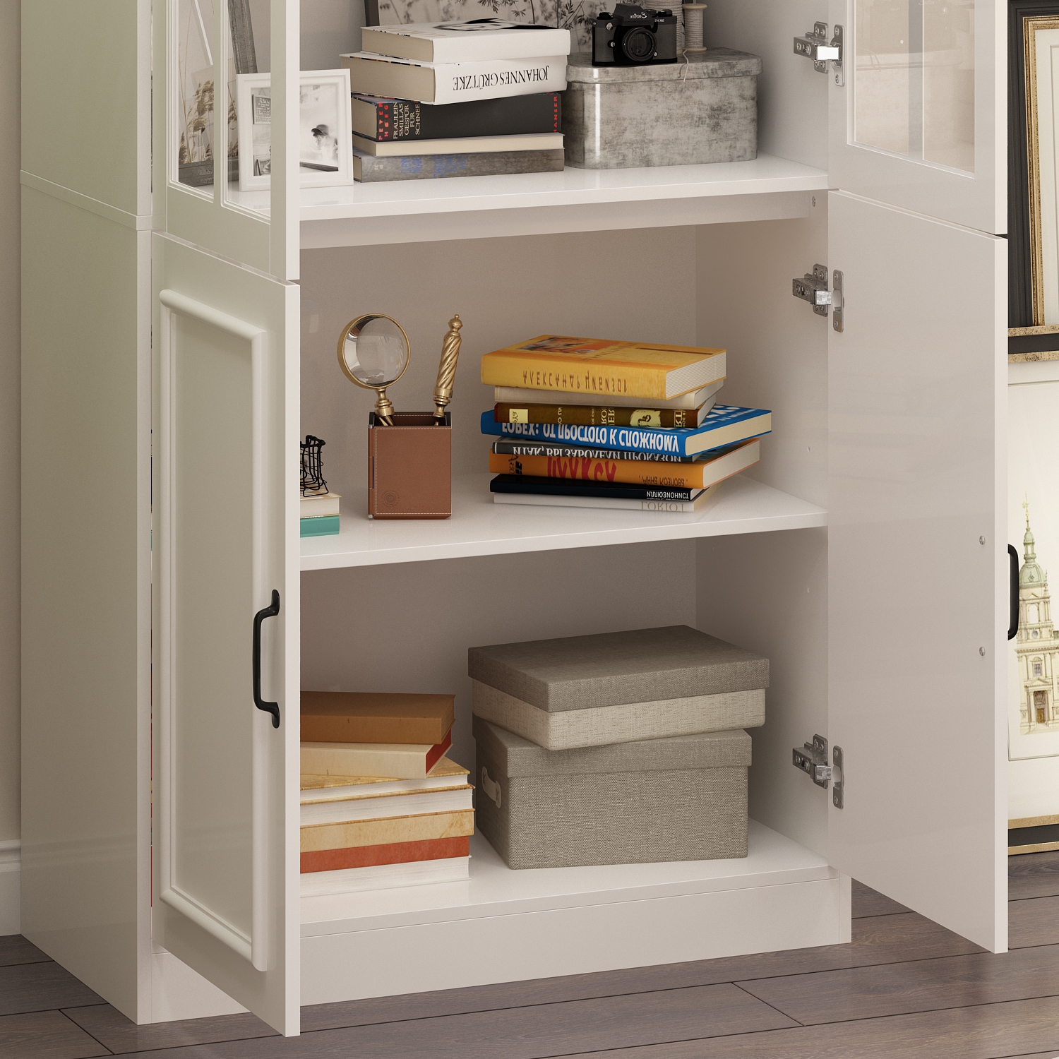 Famapy Tall Bookcase Bookshelf with 5 Storage Shelves & 2 Glass Doors, Wooden Display Storage Cabinet for Home Office, Living Room, White