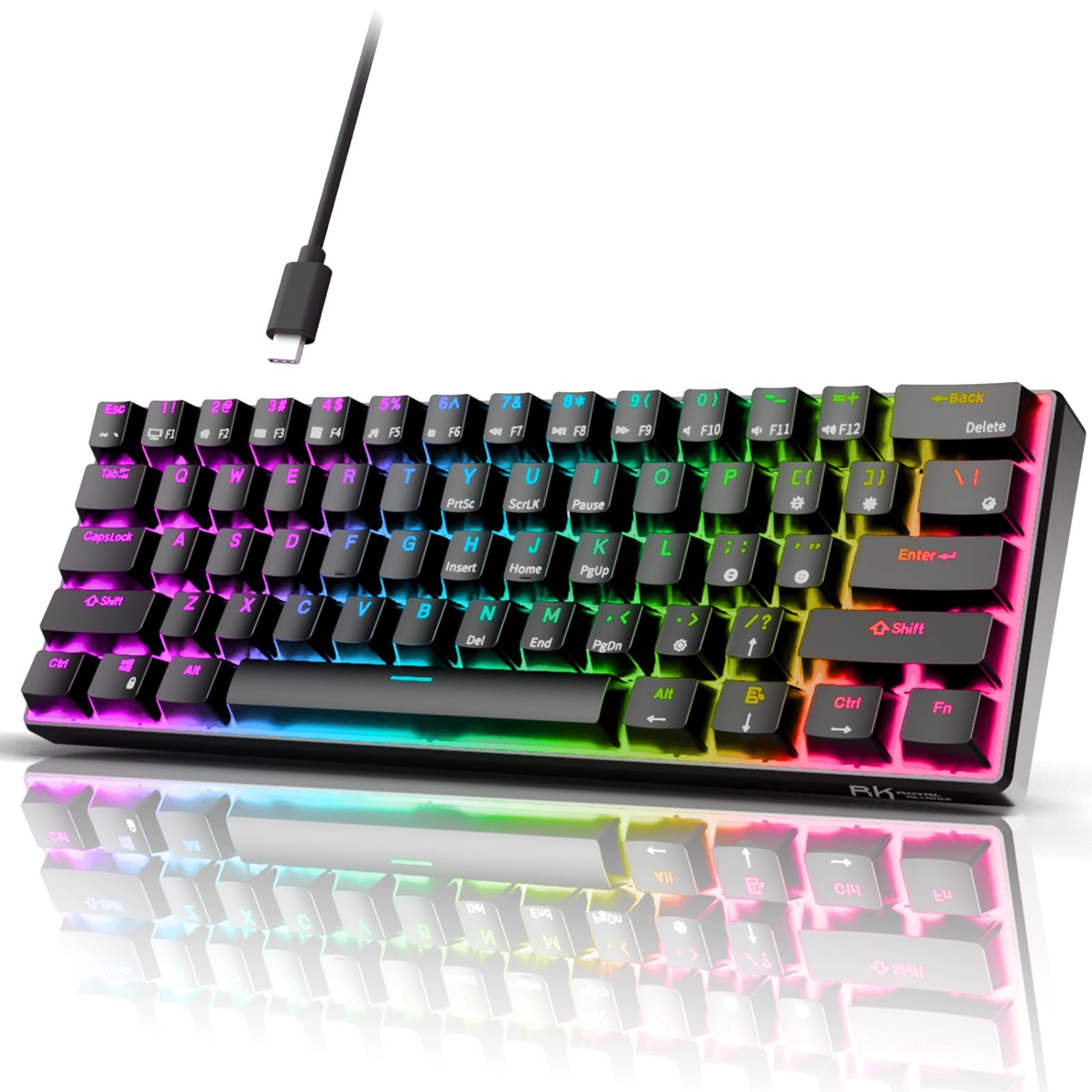 RK ROYAL KLUDGE RK61 Wired 60% Mechanical Gaming Keyboard Programmable QMK/VIA RGB Backlit 61 Keys Ultra-Compact