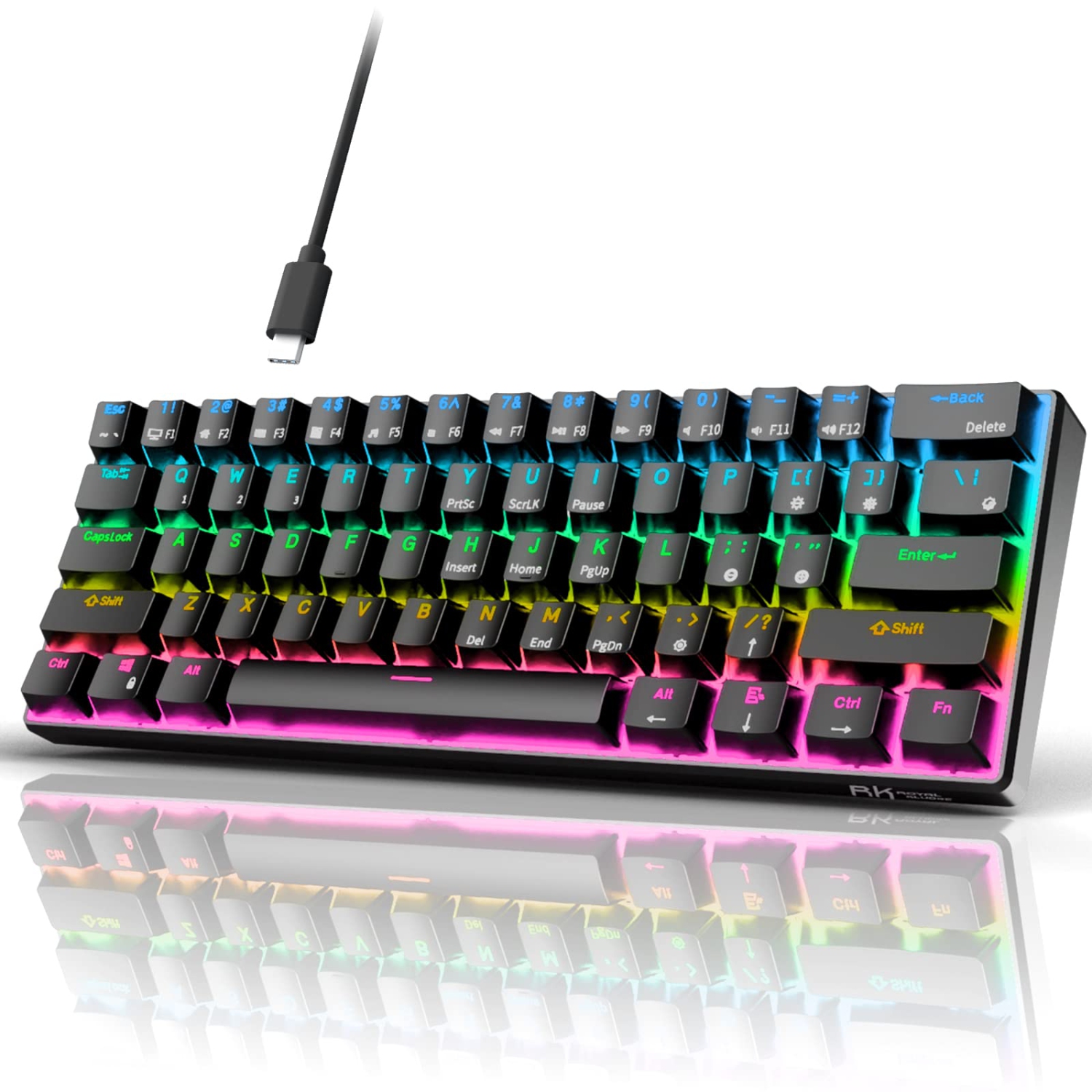 RK ROYAL KLUDGE RK61 Wired 60% Mechanical Gaming Keyboard Programmable QMK/VIA RGB Backlit 61 Keys Ultra-Compact