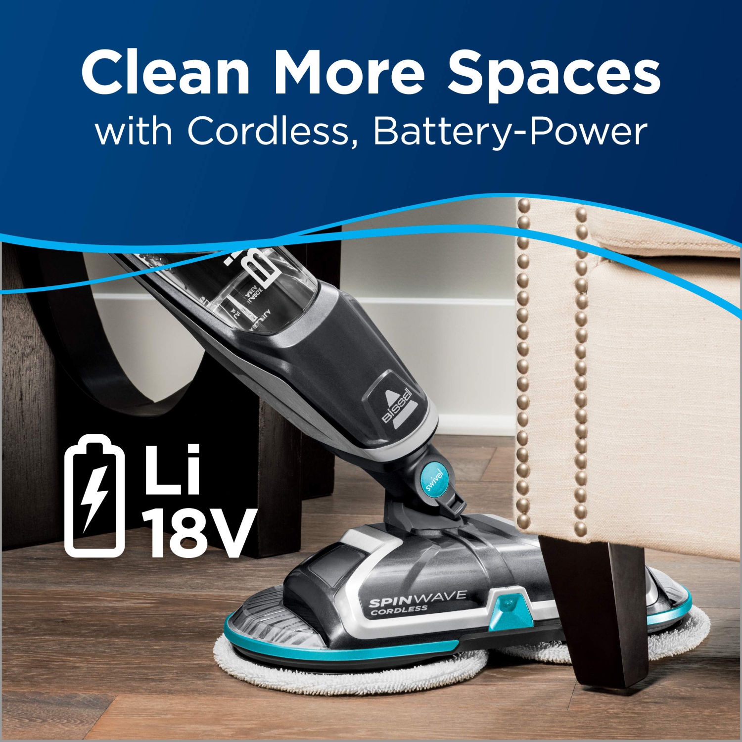 Bissell 18V Cordless Spinwave Hard Floor Mop 2315B - quiet operation for upto 20 minutes, Grey and Blue