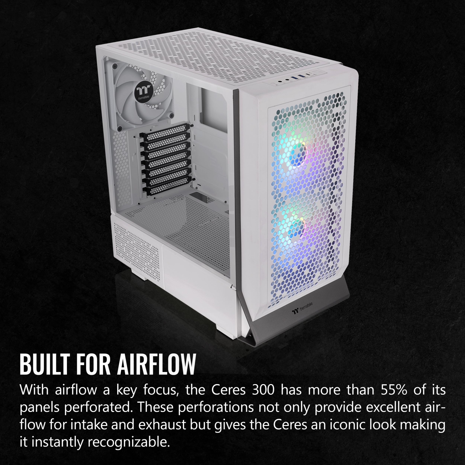 Thermaltake Ceres 300 Snow Mid Tower Case – E-ATX Support, Tempered Glass Side, 4x140mm ARGB Fans Preinstalled, Mesh Front