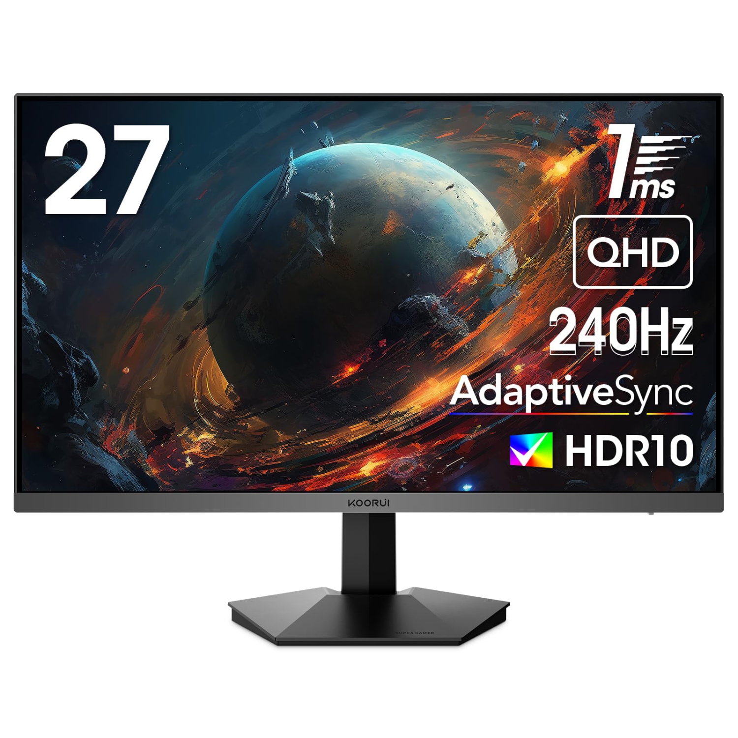 KOORUI Gaming Monitor, 27 inch WQHD 2560 x 1440 PC Computer Monitor, Up to 240Hz Refresh, 1ms, Adaptive Sync, HDR10