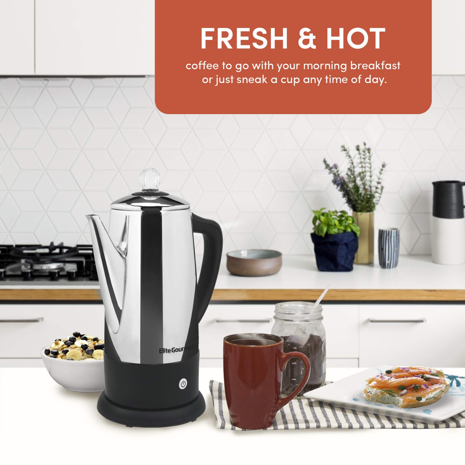 Percolateur à café électrique Elite Gourmet EC812 avec fonction de maintien au chaud, bouton de progression Clear Brew Cool-Touch poignée se sans fil.