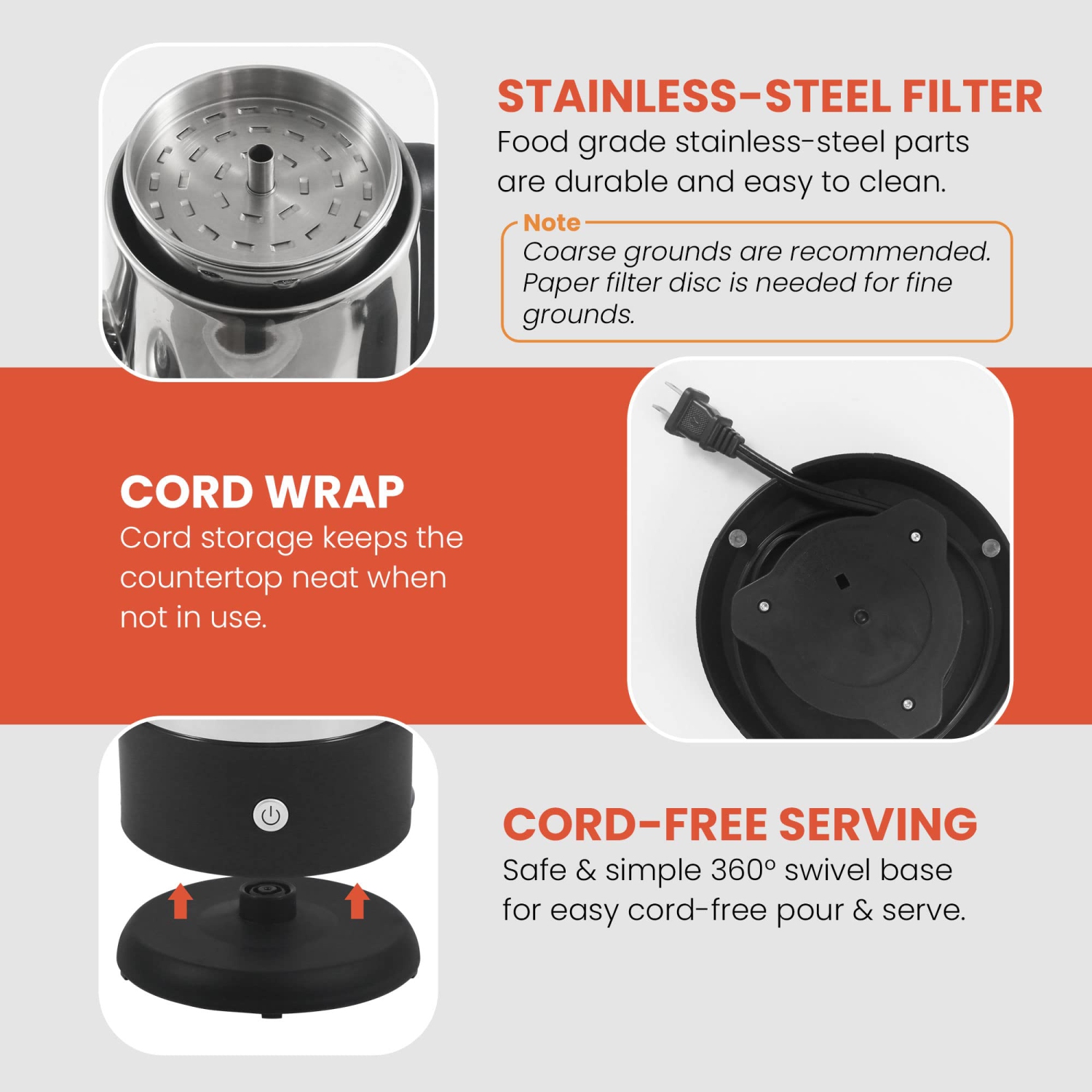 Percolateur à café électrique Elite Gourmet EC812 avec fonction de maintien au chaud, bouton de progression Clear Brew Cool-Touch poignée se sans fil.