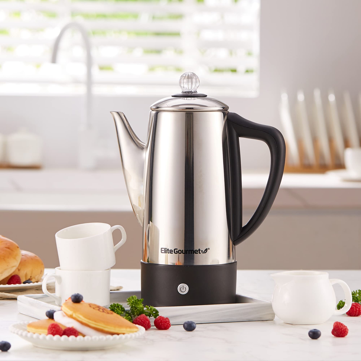 Percolateur à café électrique Elite Gourmet EC812 avec fonction de maintien au chaud, bouton de progression Clear Brew Cool-Touch poignée se sans fil.