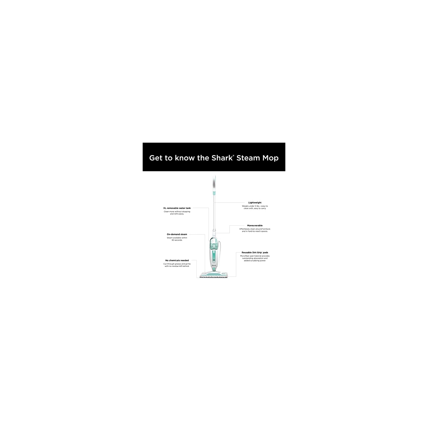 Vadrouille à vapeur Shark S1000 avec 2 tampons Dirt Grip, légère et sécuritaire pour tous les planchers durs scellés comme le carrelage, le bois dur