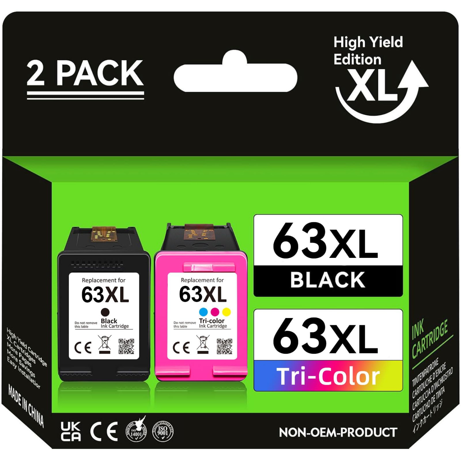 High Yield 63 Black/Tri-Color Ink,Compatible for HP 63 63XL Ink Cartridge Combo Pack, Work for Envy