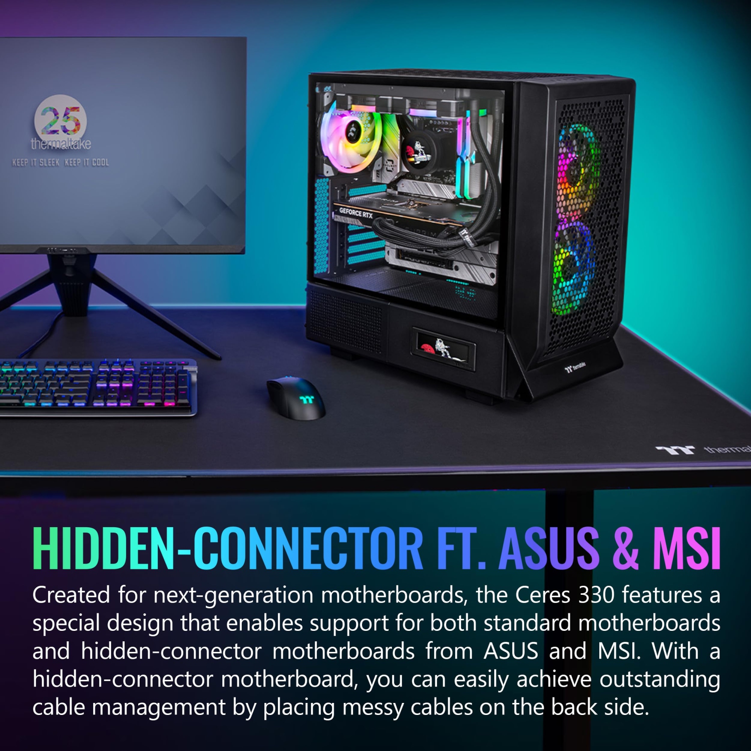 Ceres 330 TG ARGB Black Mid Tower E-ATX Case Supports Hidden-Connector Motherboard