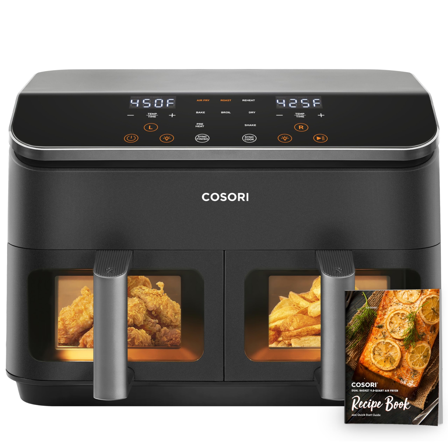 COSORI Dual Basket Air Fryer 9 Qt, Large and Wider Double Airfryer, 8-in-1, Sync Cook & Finish Family Meals