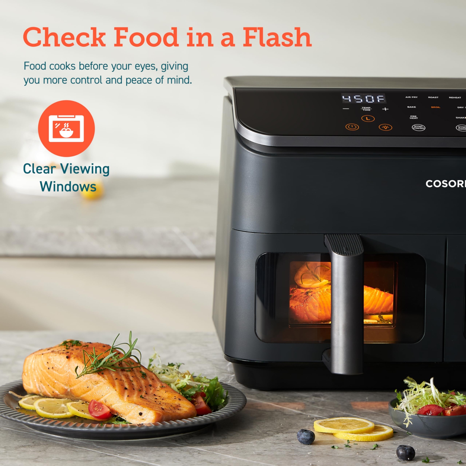 Friteuse à air chaud à deux paniers 9&nbsp;Qt de COSORI, grande et large friteuse à air chaud double, 8-en-1, Sync Cook & Finish, repas pour la