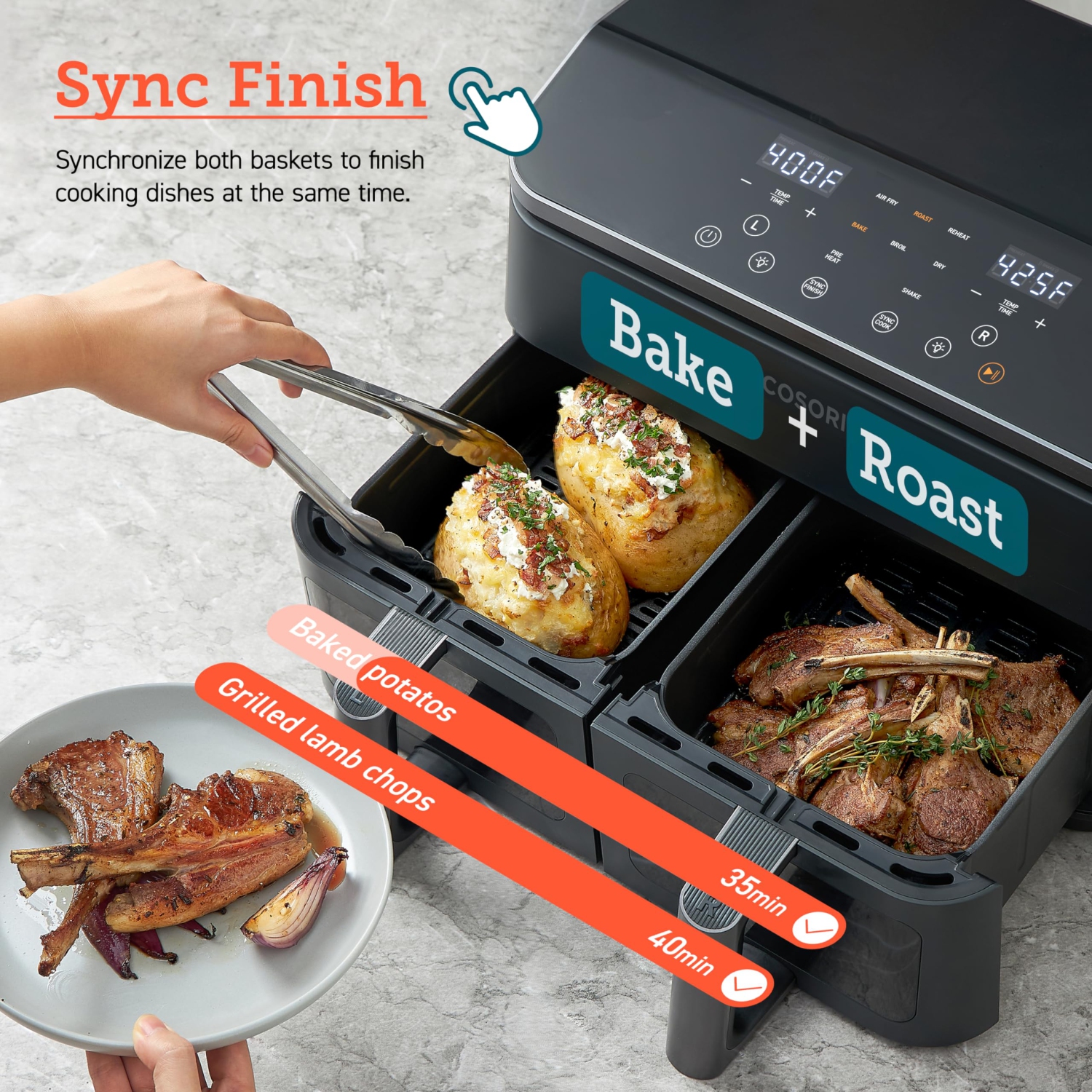 Friteuse à air chaud à deux paniers 9&nbsp;Qt de COSORI, grande et large friteuse à air chaud double, 8-en-1, Sync Cook & Finish, repas pour la