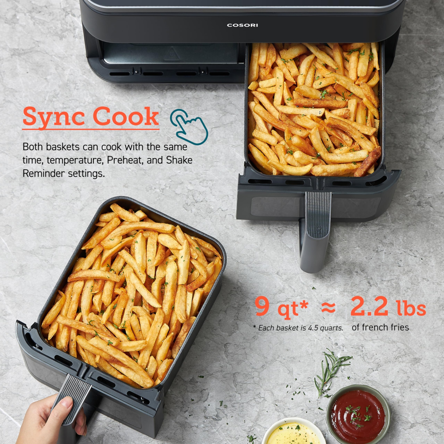 Friteuse à air chaud à deux paniers 9&nbsp;Qt de COSORI, grande et large friteuse à air chaud double, 8-en-1, Sync Cook & Finish, repas pour la