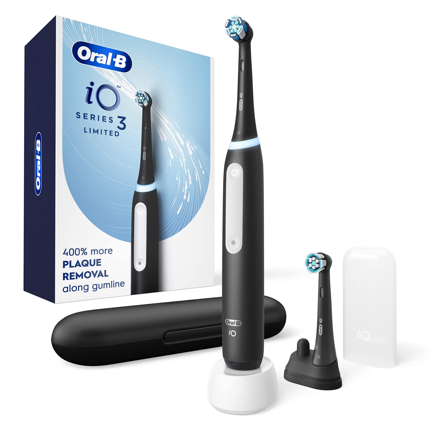 Oral B Power iO Series 3 Limited Electric Toothbrush, Black, iO3 Rechargeable Power Toothbrush with 2 Brush Heads