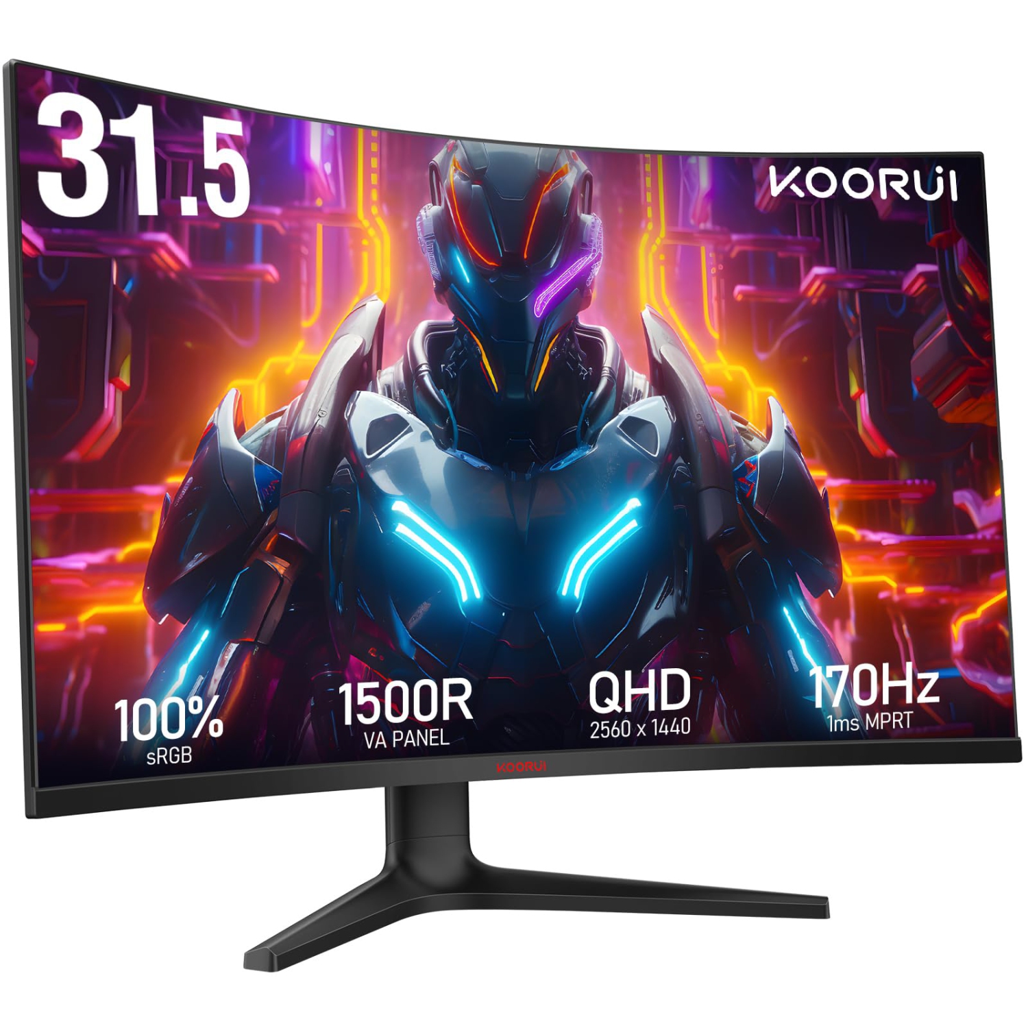 KOORUI 32 inch Curved Gaming Monitor - QHD (2560 x 1440) 2K Display, 170Hz 144Hz Monitor, 1500R Curvature, 1ms