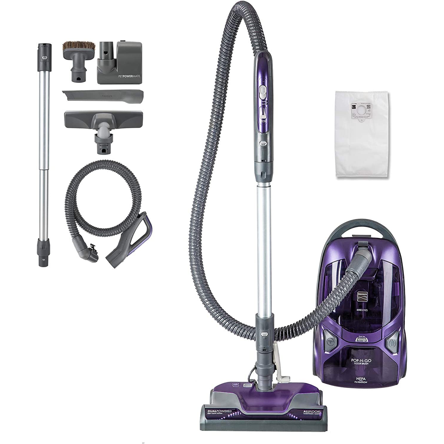 Kenmore 600 Series Friendly Lightweight Bagged Canister Vacuum with Pet PowerMate, Pop-N-Go Brush, 2 Motors, HEPA Filter