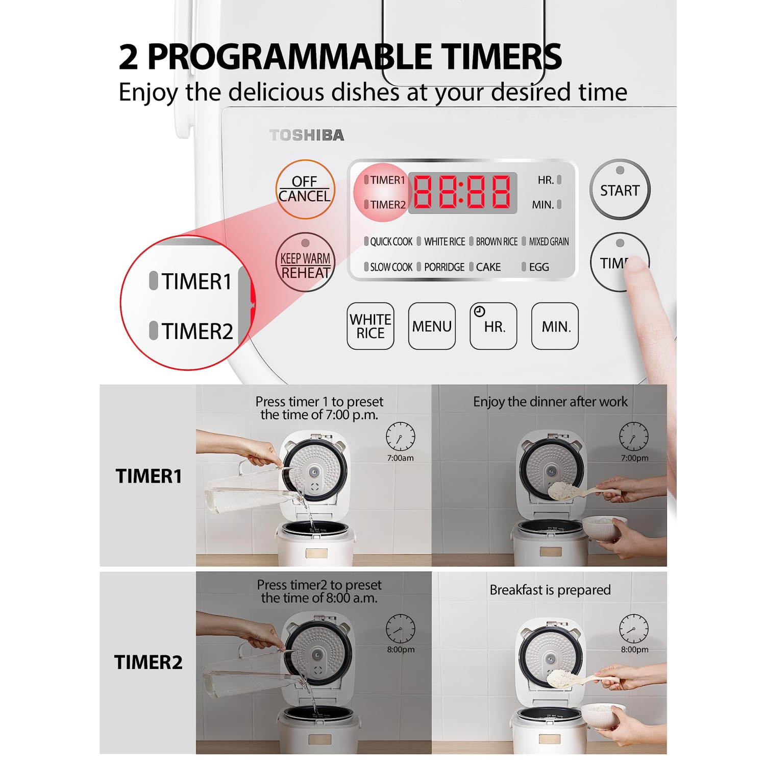 Petit cuiseur à riz de 3 tasses non cuit de TOSHIBA – écran ACL avec 8 fonctions de cuisson, technologie Fuzzy Logic