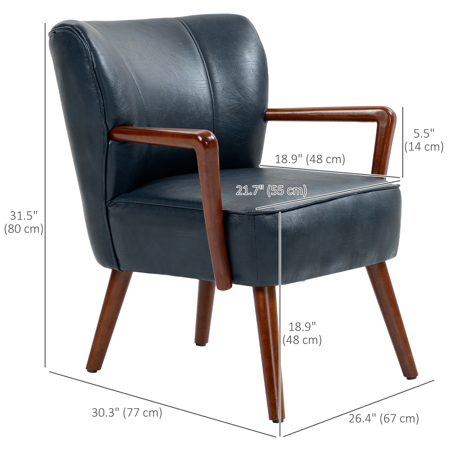 HOMCOM Modern Accent Chair, Upholstered Armchair, Faux Leather Side Chair with Wood Legs and Wide Padded Seat, Duke Deep Sea Blue