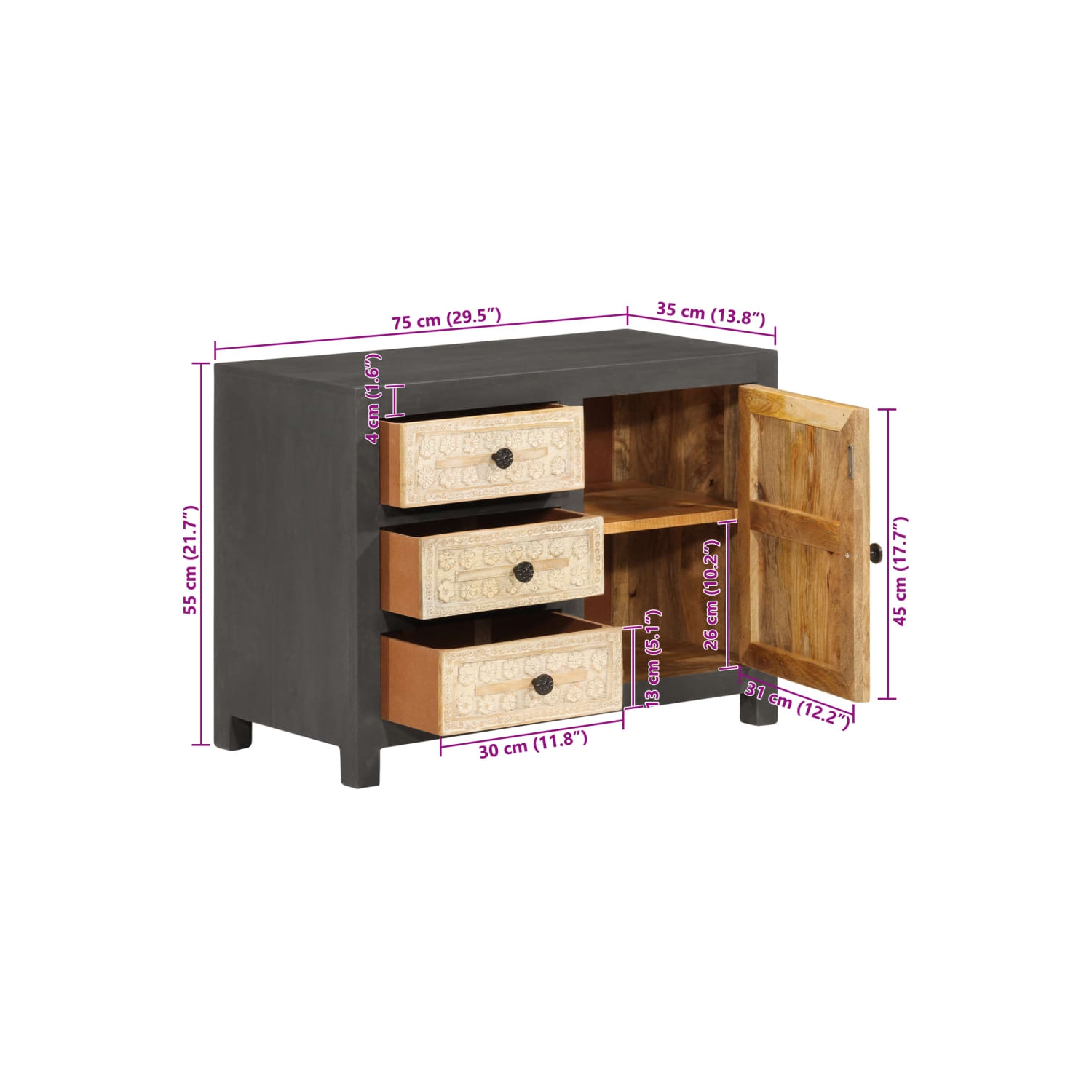 vidaXL Sideboard Grey and White 75x35x55 cm Solid Mango Wood