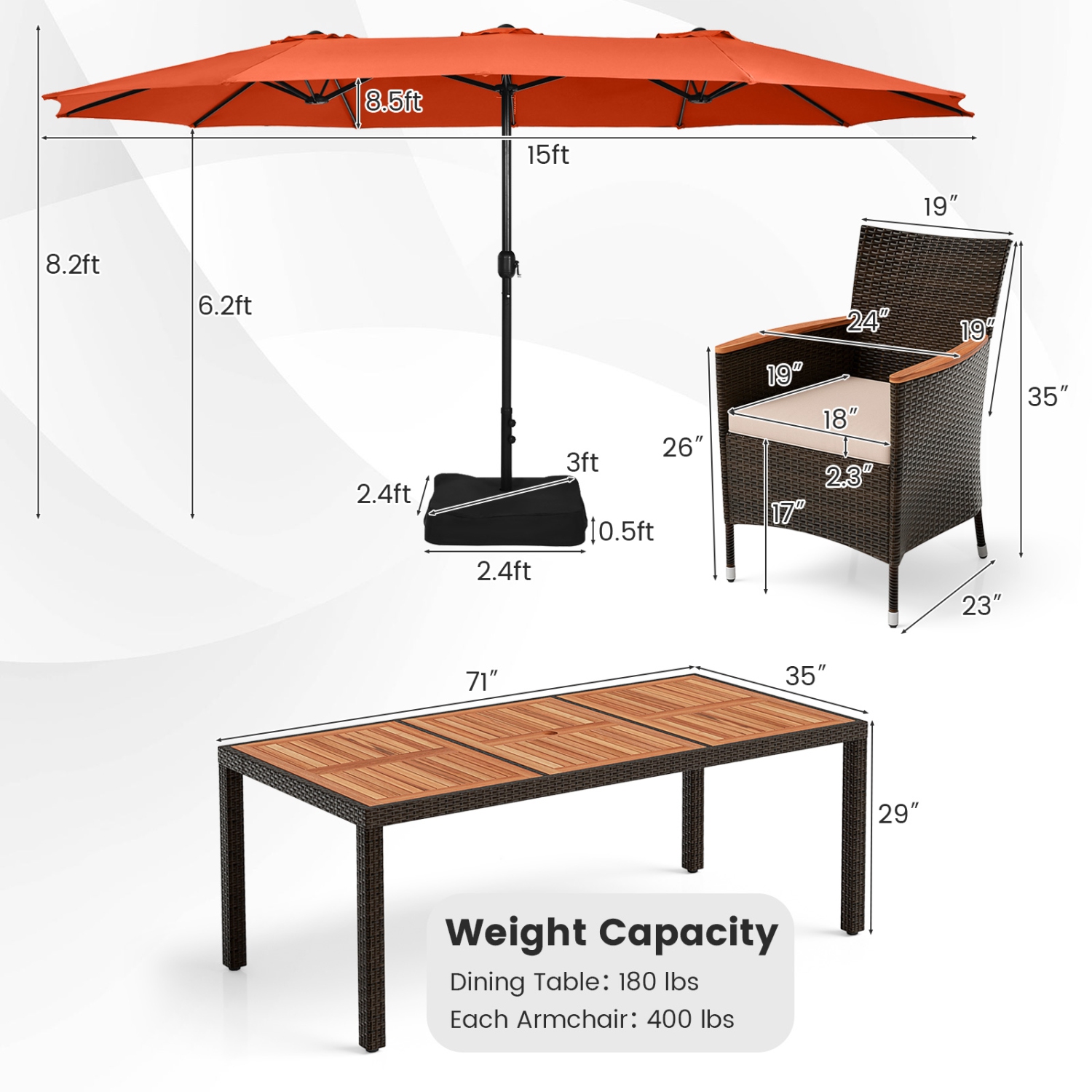 Costway 11 PCS Patio Dining Set with 15ft Double-Sided Patio Umbrella