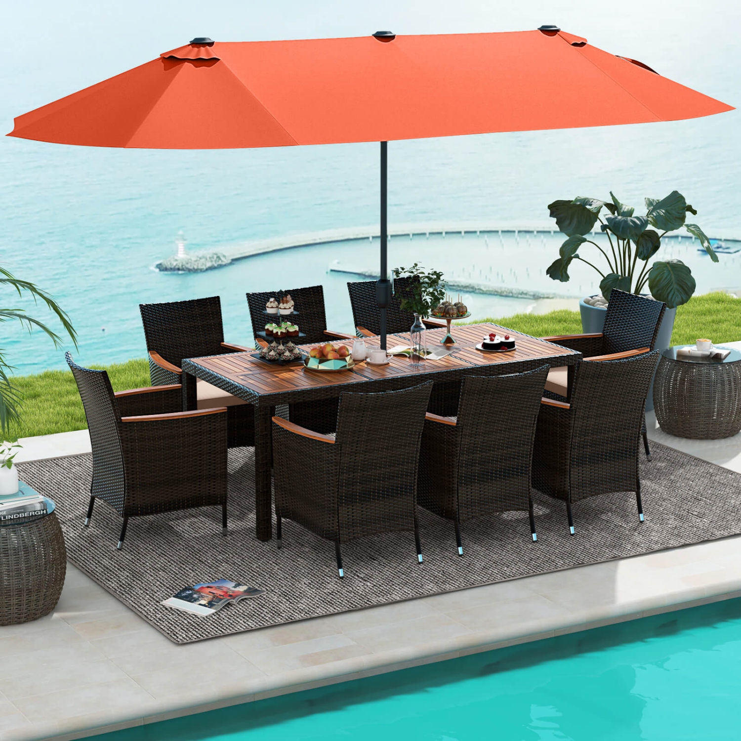 Costway 11 PCS Patio Dining Set with 15ft Double-Sided Patio Umbrella