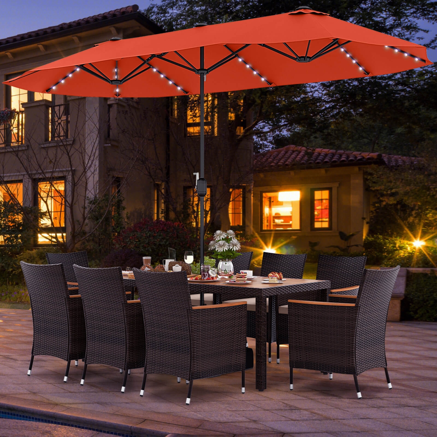 Costway 11 PCS Patio Dining Set with 15ft Double-Sided Patio Umbrella