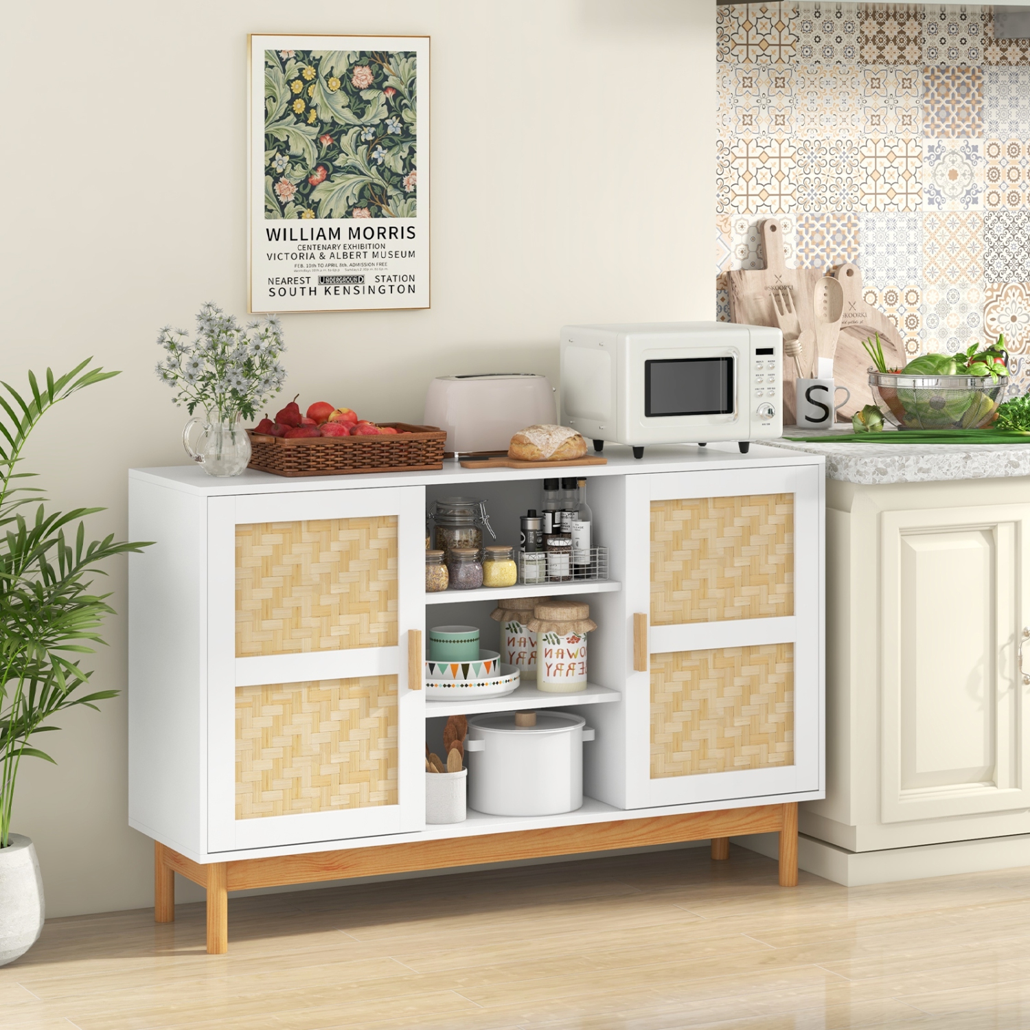Armoire de buffet de 48 po avec 2 portes tissées en bambou 3 tablettes ouvertes de Costway pour la cuisine
