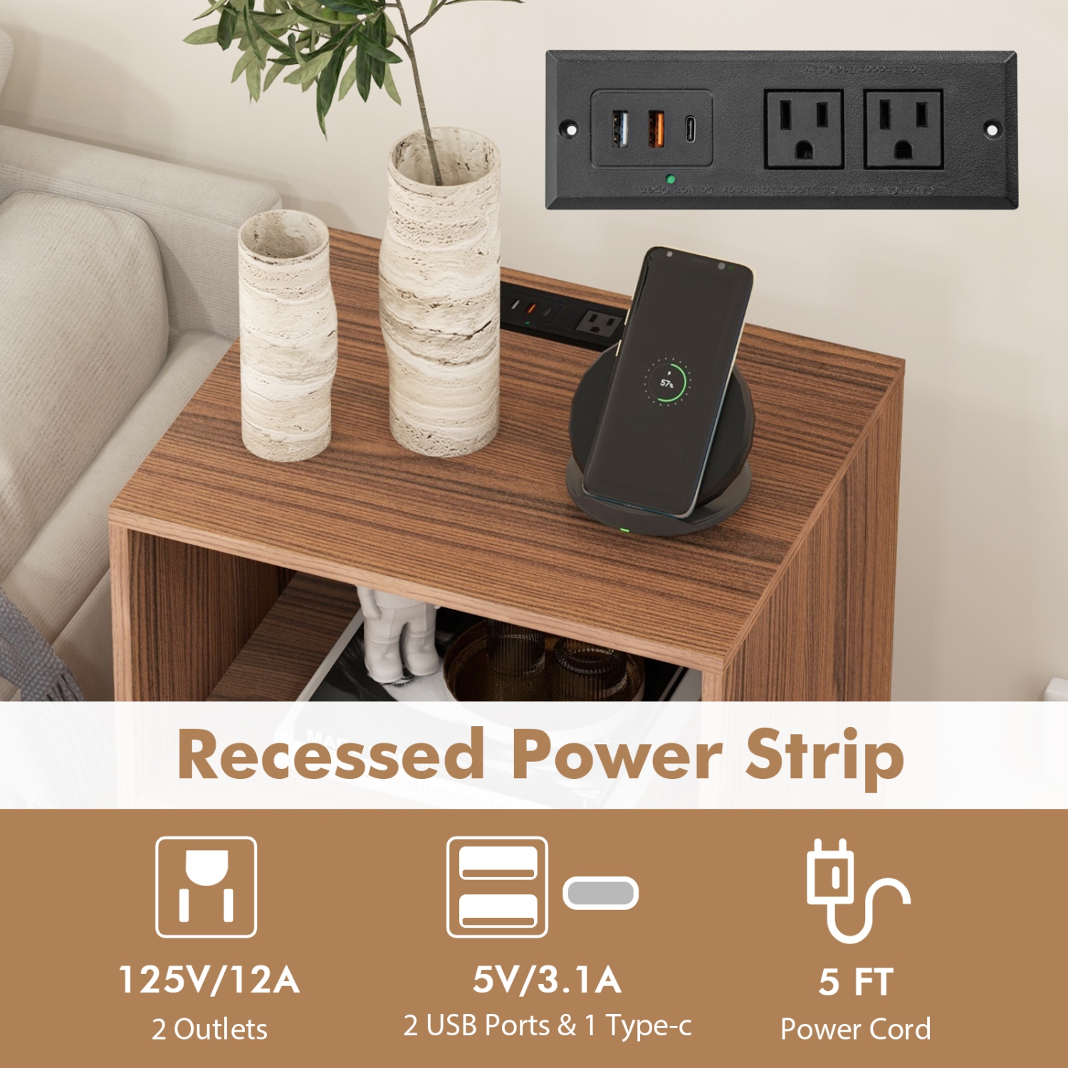 Meuble pour tourne-disque à 3 niveaux avec tablette de station de recharge et 4 séparateurs pour chambre à coucher 1 pièces de Costway