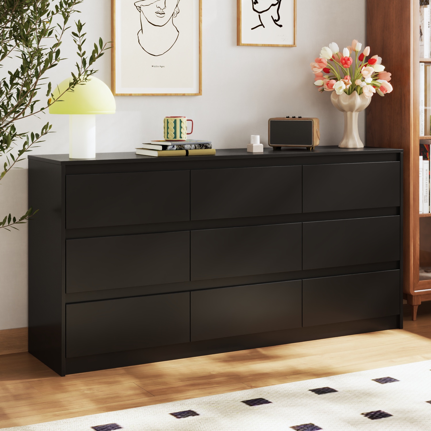 Famapy 9 Drawer Dresser for Bedroom with Deep Drawers, Large Floor Wood Dressers Handle Free, Modern Long Dressers, Black