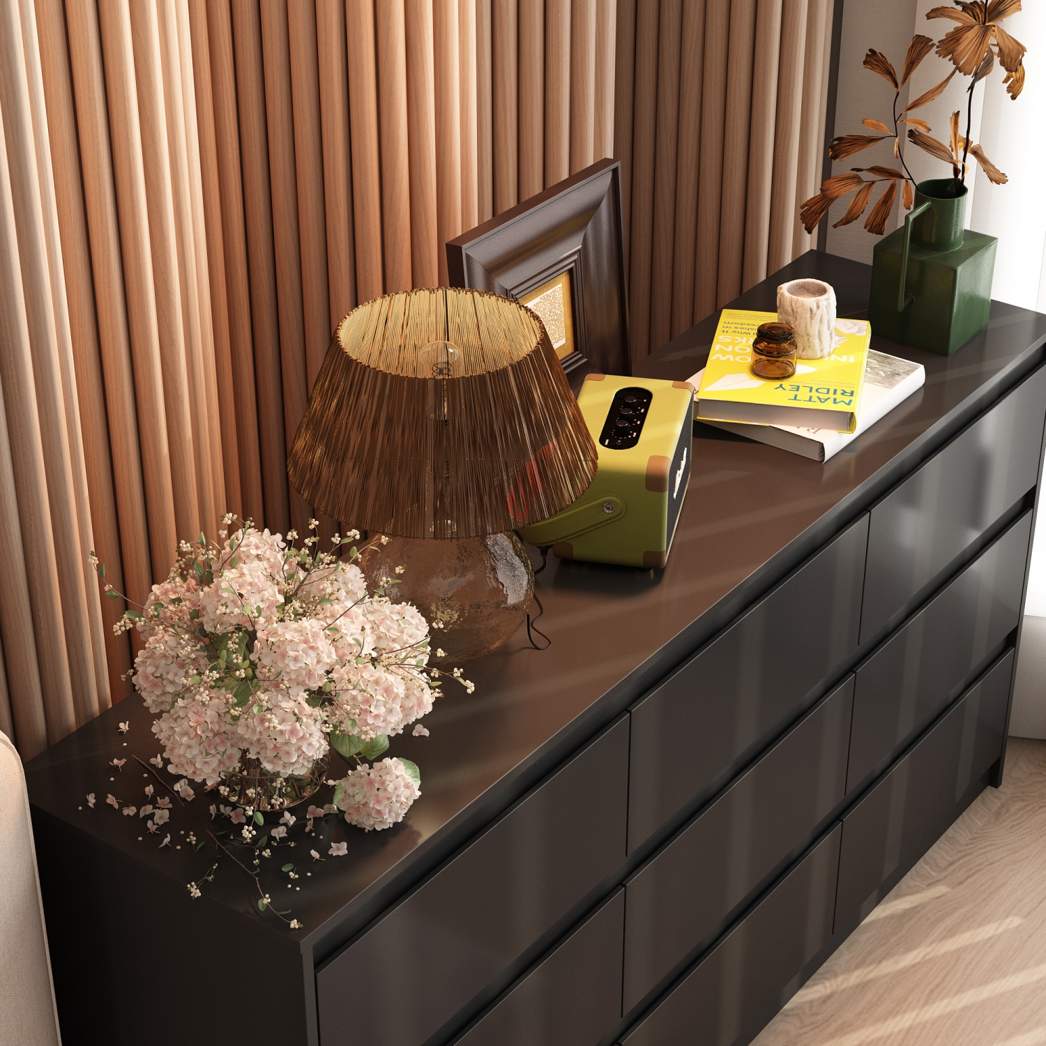 Famapy 9 Drawer Dresser for Bedroom with Deep Drawers, Large Floor Wood Dressers Handle Free, Modern Long Dressers, Black