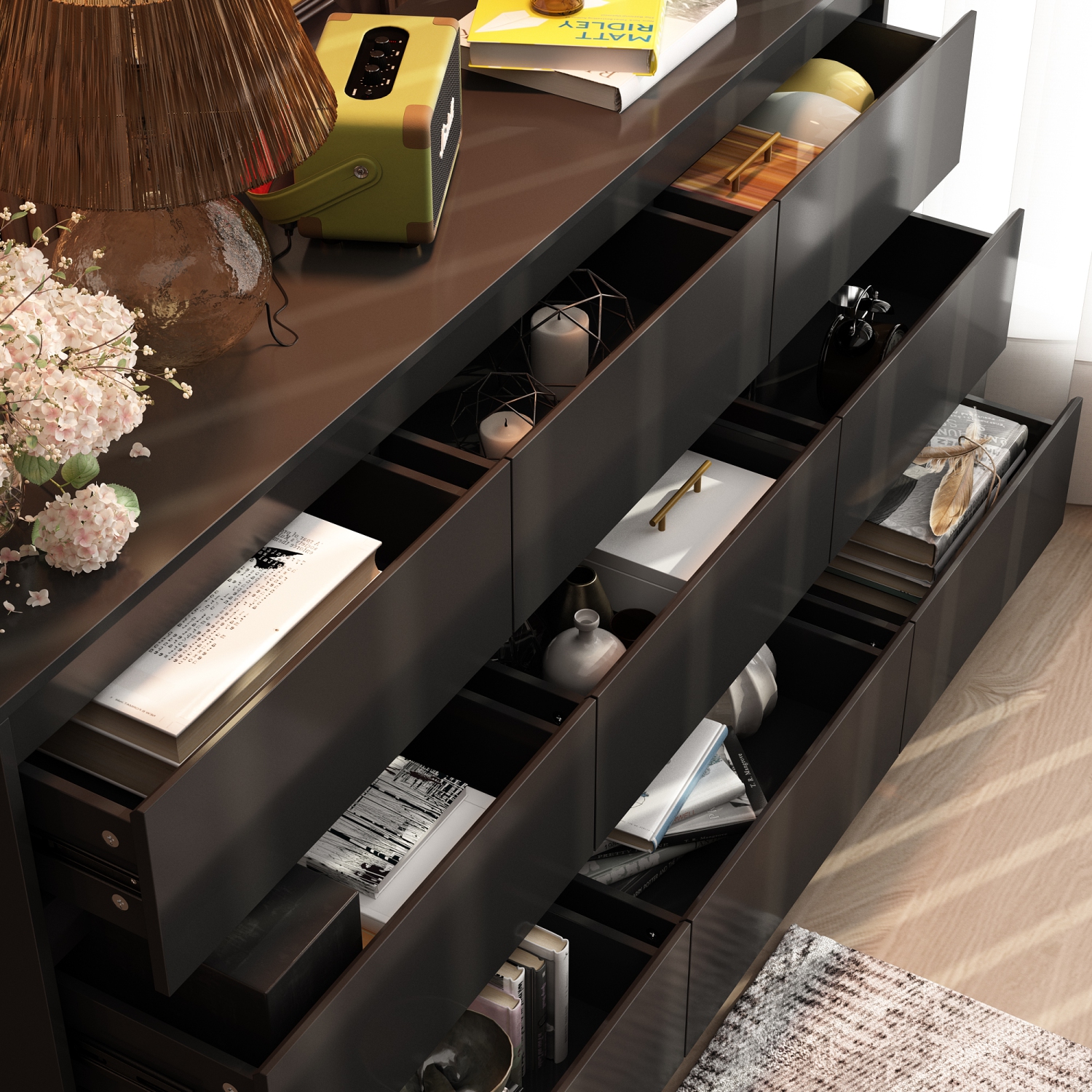 Famapy 9 Drawer Dresser for Bedroom with Deep Drawers, Large Floor Wood Dressers Handle Free, Modern Long Dressers, Black
