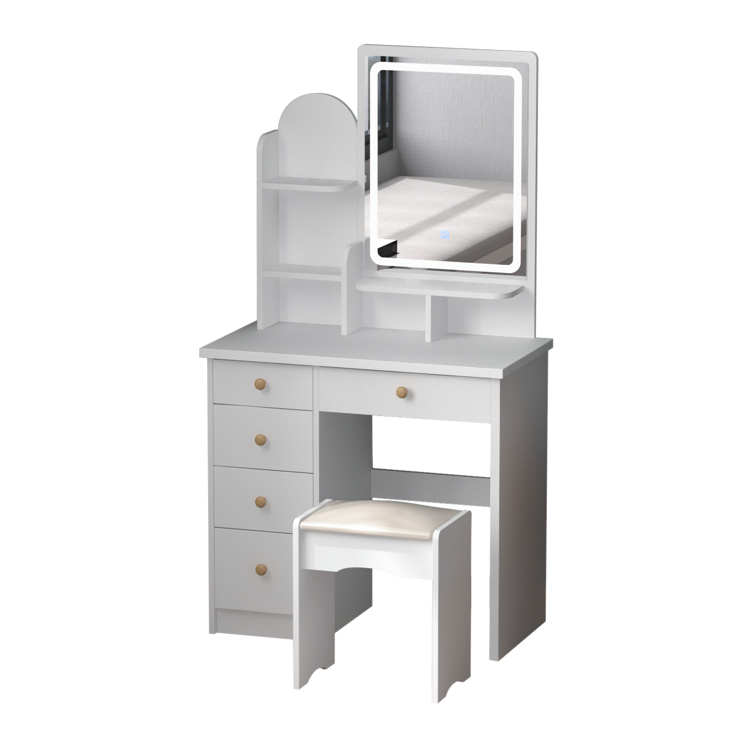 Famapy Vanity Desk Set Makeup Table with Large Lighted Mirror, Dressing Table with 5 Drawers, Storage Shelves & Cushioned Stool for Bedroom,(31.5”W x