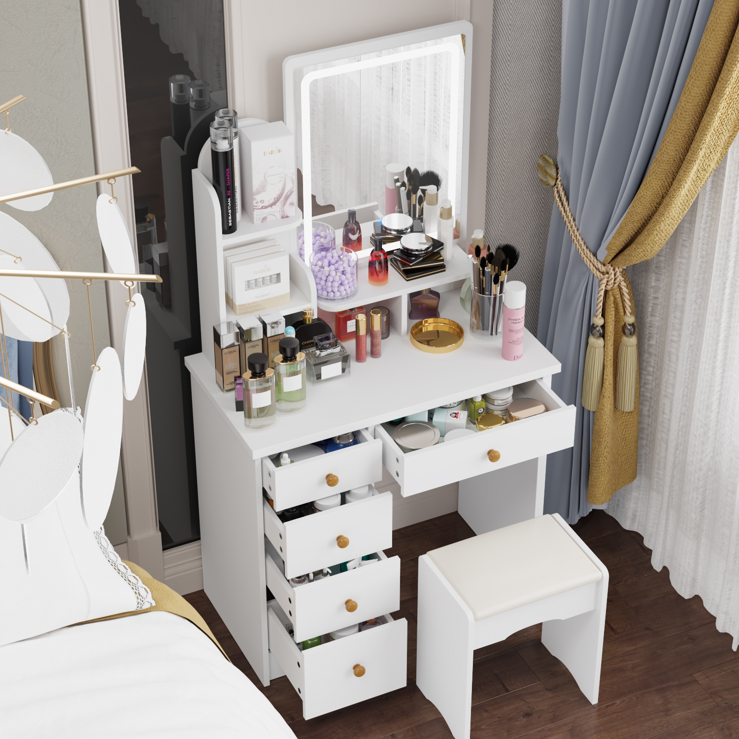 Famapy Vanity Desk Set Makeup Table with Large Lighted Mirror, Dressing Table with 5 Drawers, Storage Shelves & Cushioned Stool for Bedroom,(31.5”W x