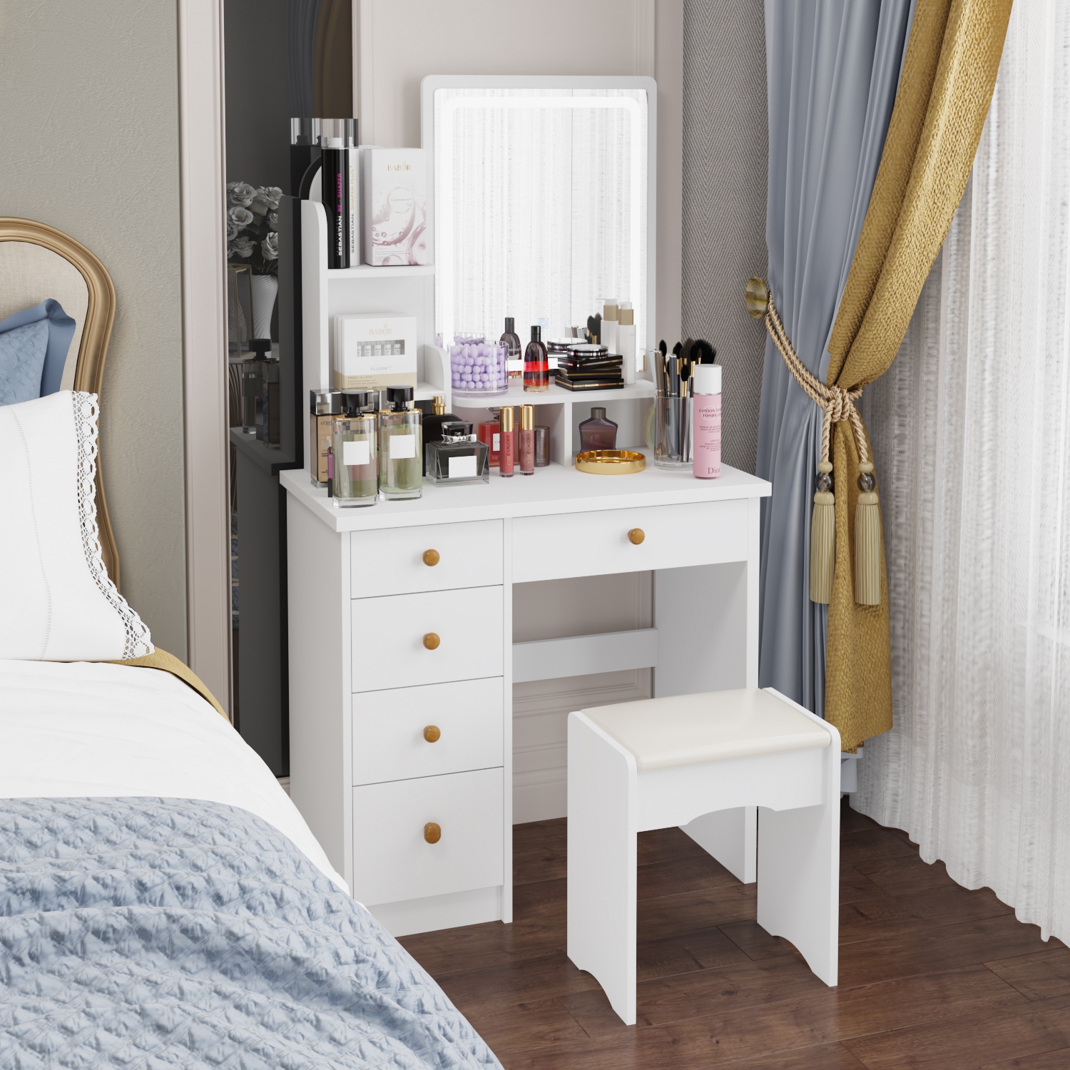 Famapy Vanity Desk Set Makeup Table with Large Lighted Mirror, Dressing Table with 5 Drawers, Storage Shelves & Cushioned Stool for Bedroom,(31.5”W x