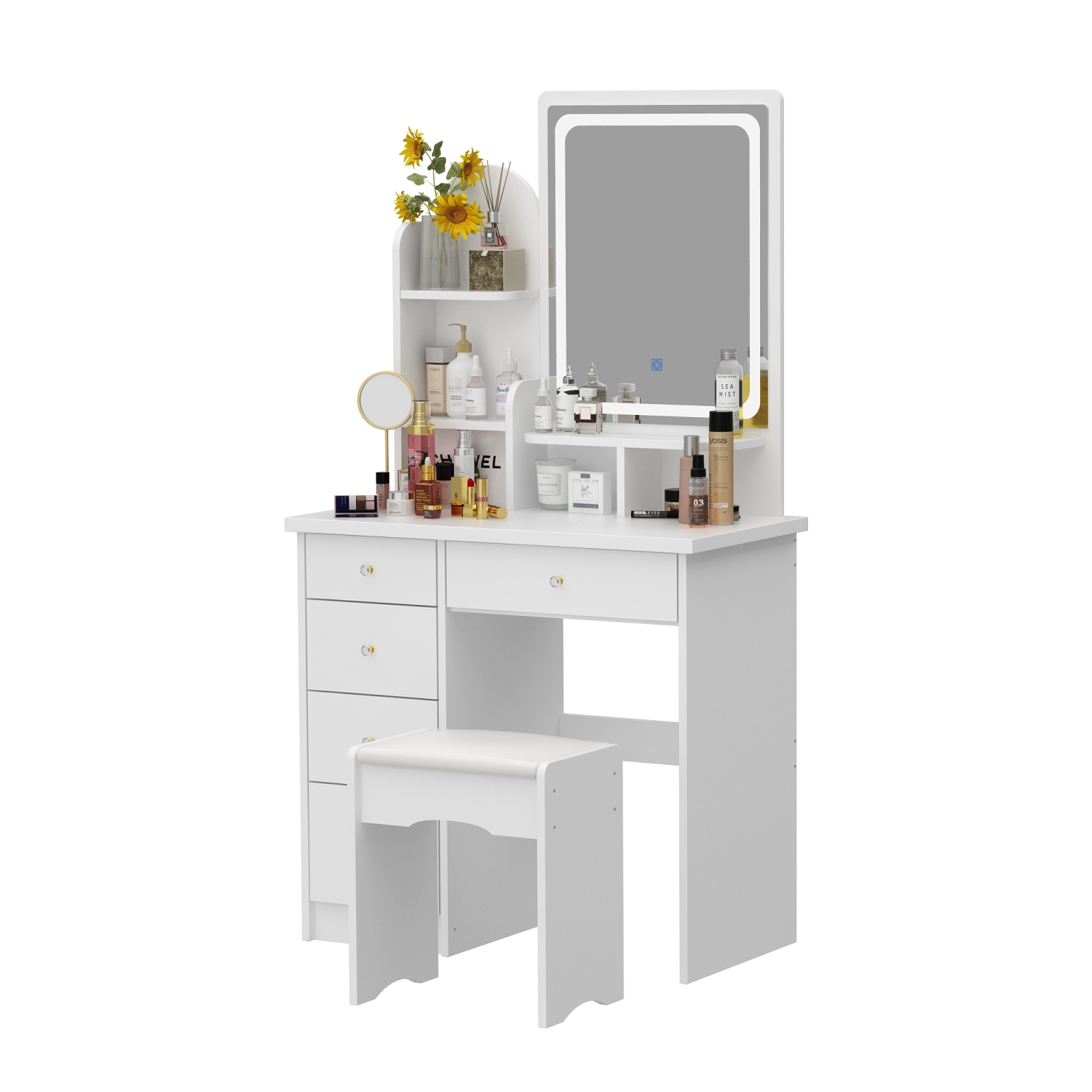 Famapy Vanity Desk Set Makeup Table with Large Lighted Mirror, Dressing Table with 5 Drawers, Storage Shelves & Cushioned Stool for Bedroom,(31.5”W x
