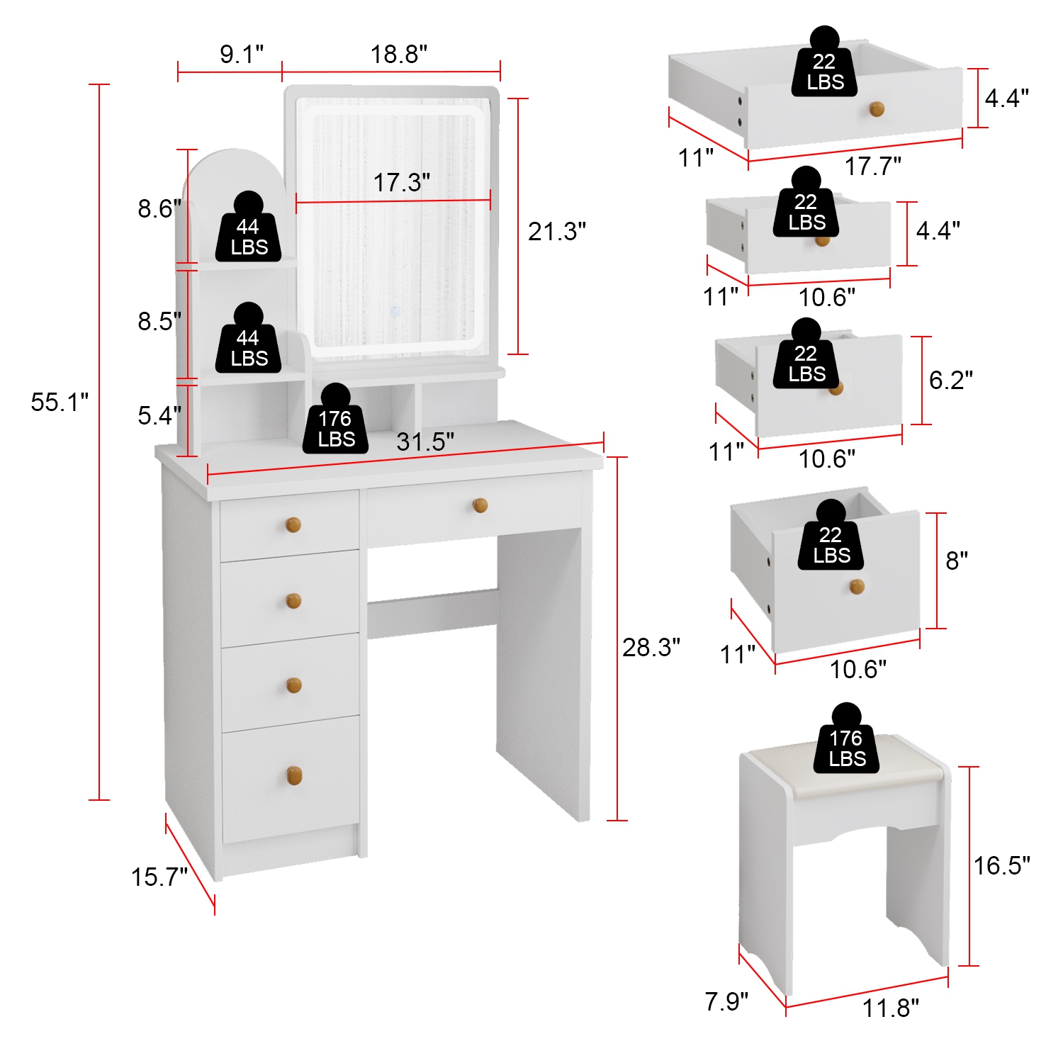 Famapy Vanity Desk Set Makeup Table with Large Lighted Mirror, Dressing Table with 5 Drawers, Storage Shelves & Cushioned Stool for Bedroom,(31.5”W x