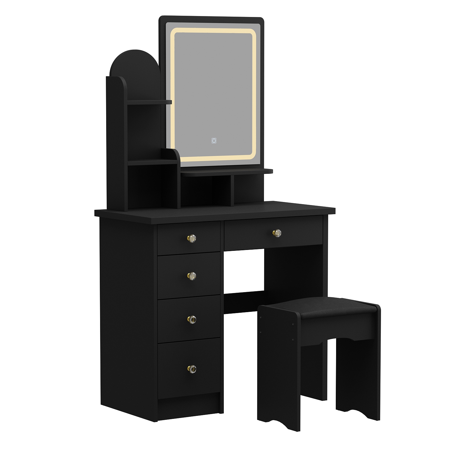 Famapy Vanity Desk Set Makeup Table with Large Lighted Mirror, Dressing Table with 5 Drawers, Storage Shelves & Cushioned Stool for Bedroom, (31.5”W x 15.6”D x 55.1”H) Black
