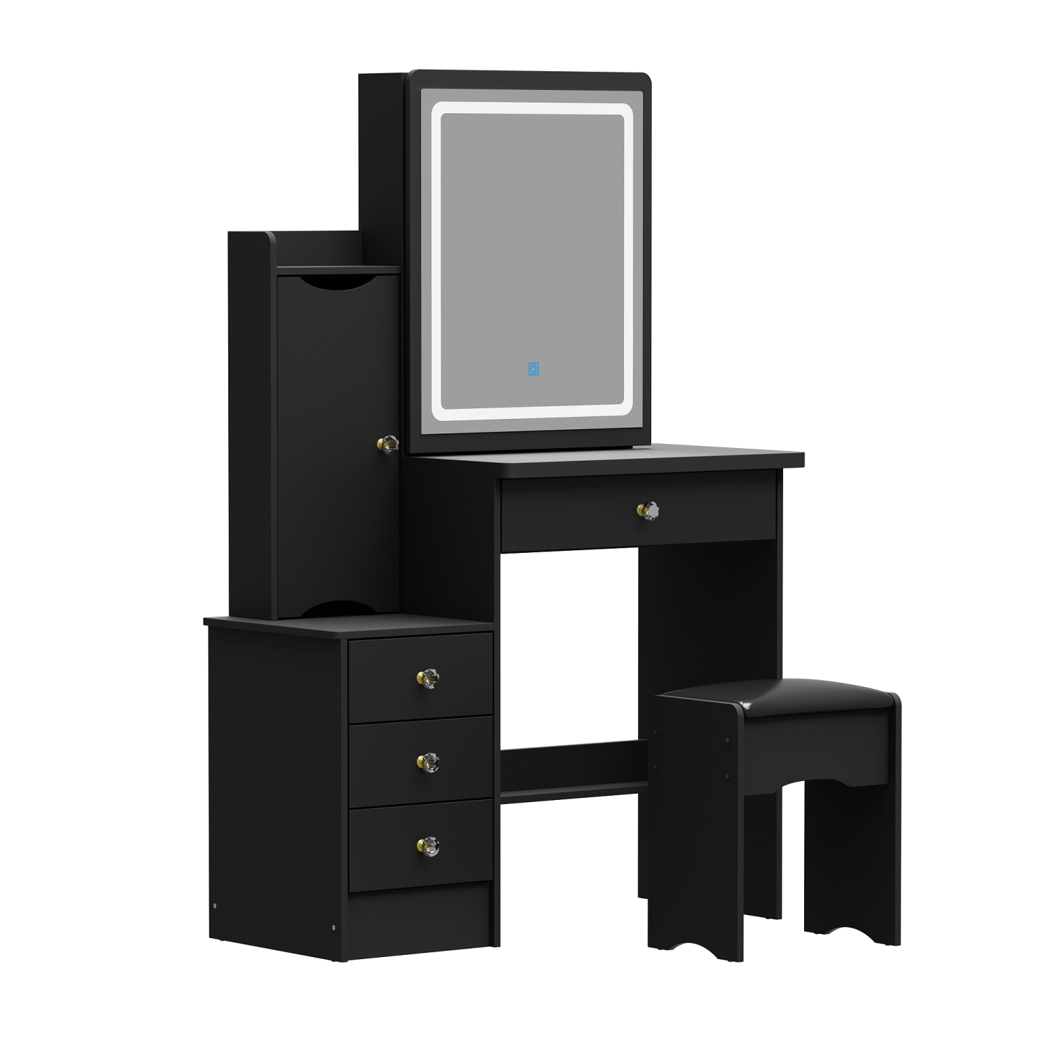 Ensemble coiffeuse table maquillage avec grand miroir illuminé, table à langer à 4 tiroirs, 1 étagère de rangement et tabouret rembourré pour