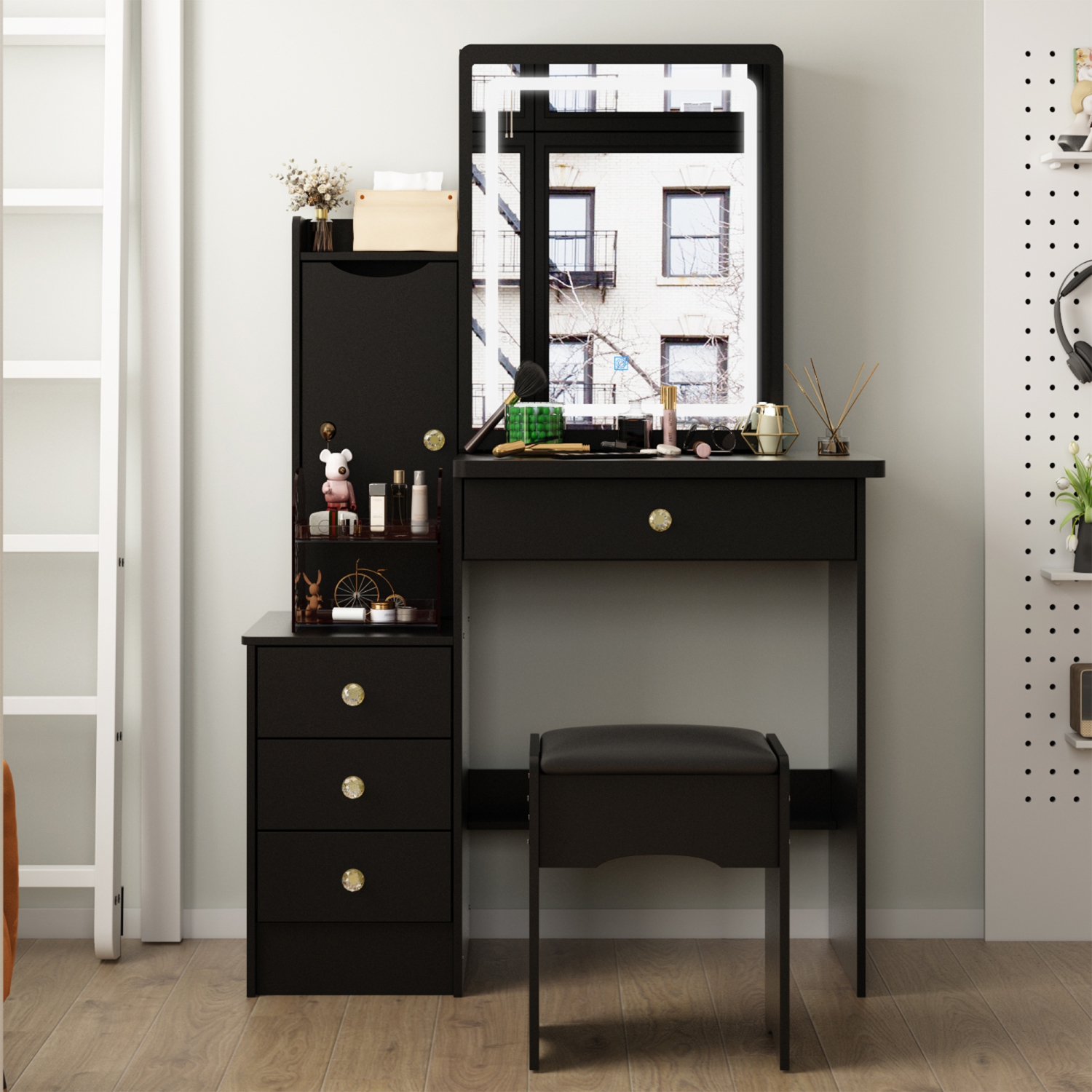 Ensemble coiffeuse table maquillage avec grand miroir illuminé, table à langer à 4 tiroirs, 1 étagère de rangement et tabouret rembourré pour