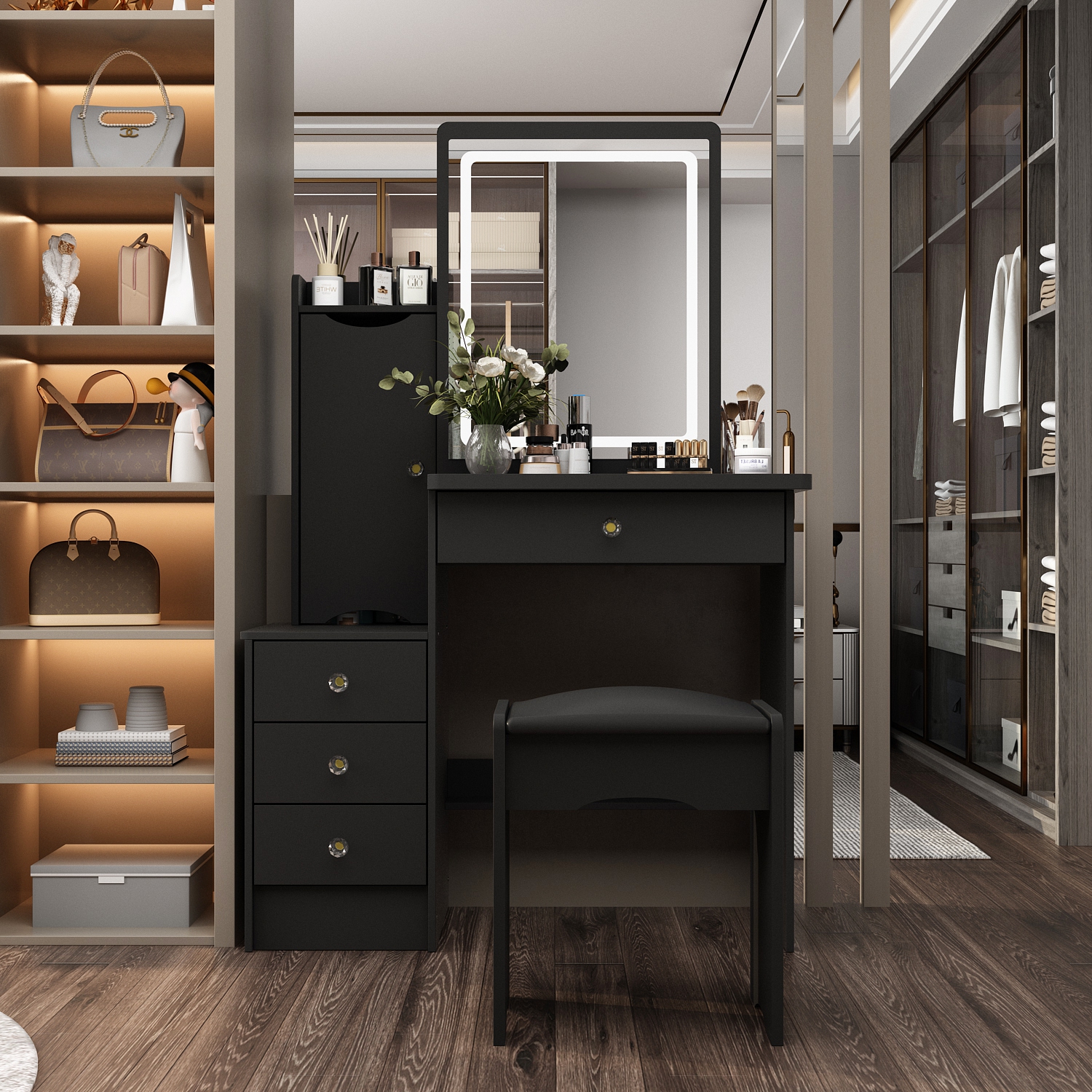 Ensemble coiffeuse table maquillage avec grand miroir illuminé, table à langer à 4 tiroirs, 1 étagère de rangement et tabouret rembourré pour