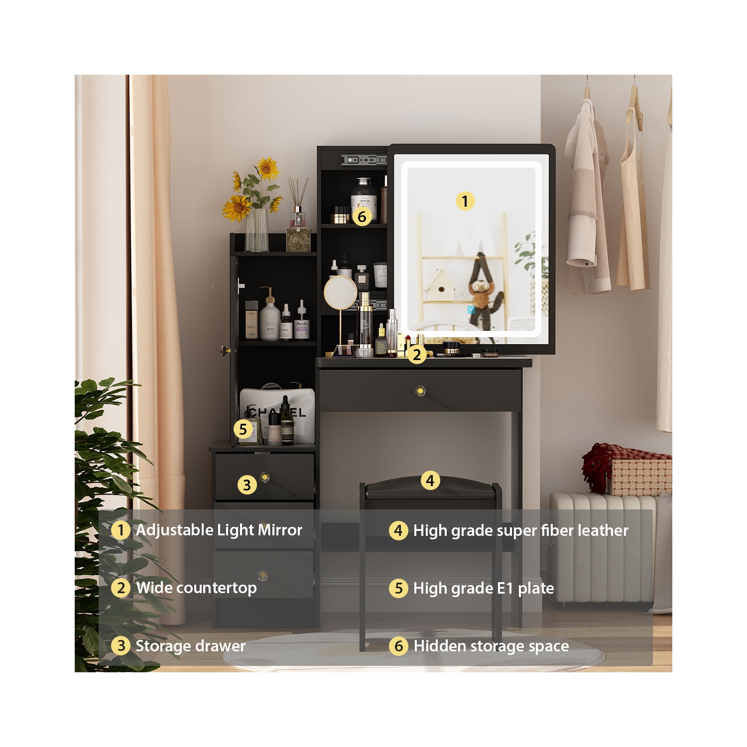 Ensemble coiffeuse table maquillage avec grand miroir illuminé, table à langer à 4 tiroirs, 1 étagère de rangement et tabouret rembourré pour