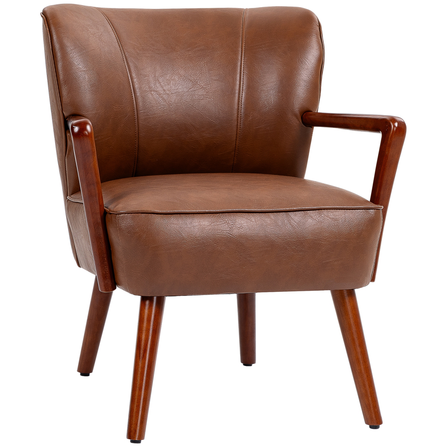 HOMCOM Modern Accent Chair, Upholstered Armchair, Faux Leather Side Chair with Wood Legs and Wide Padded Seat, Brown
