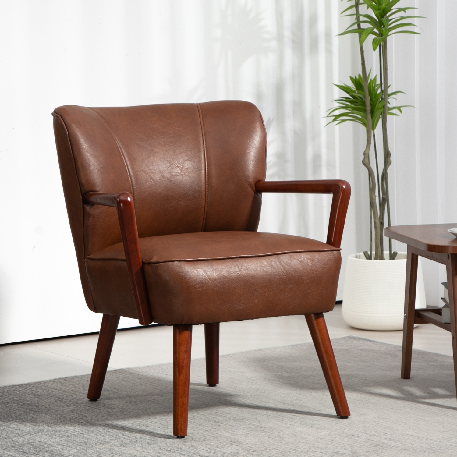 HOMCOM Modern Accent Chair, Upholstered Armchair, Faux Leather Side Chair with Wood Legs and Wide Padded Seat, Brown